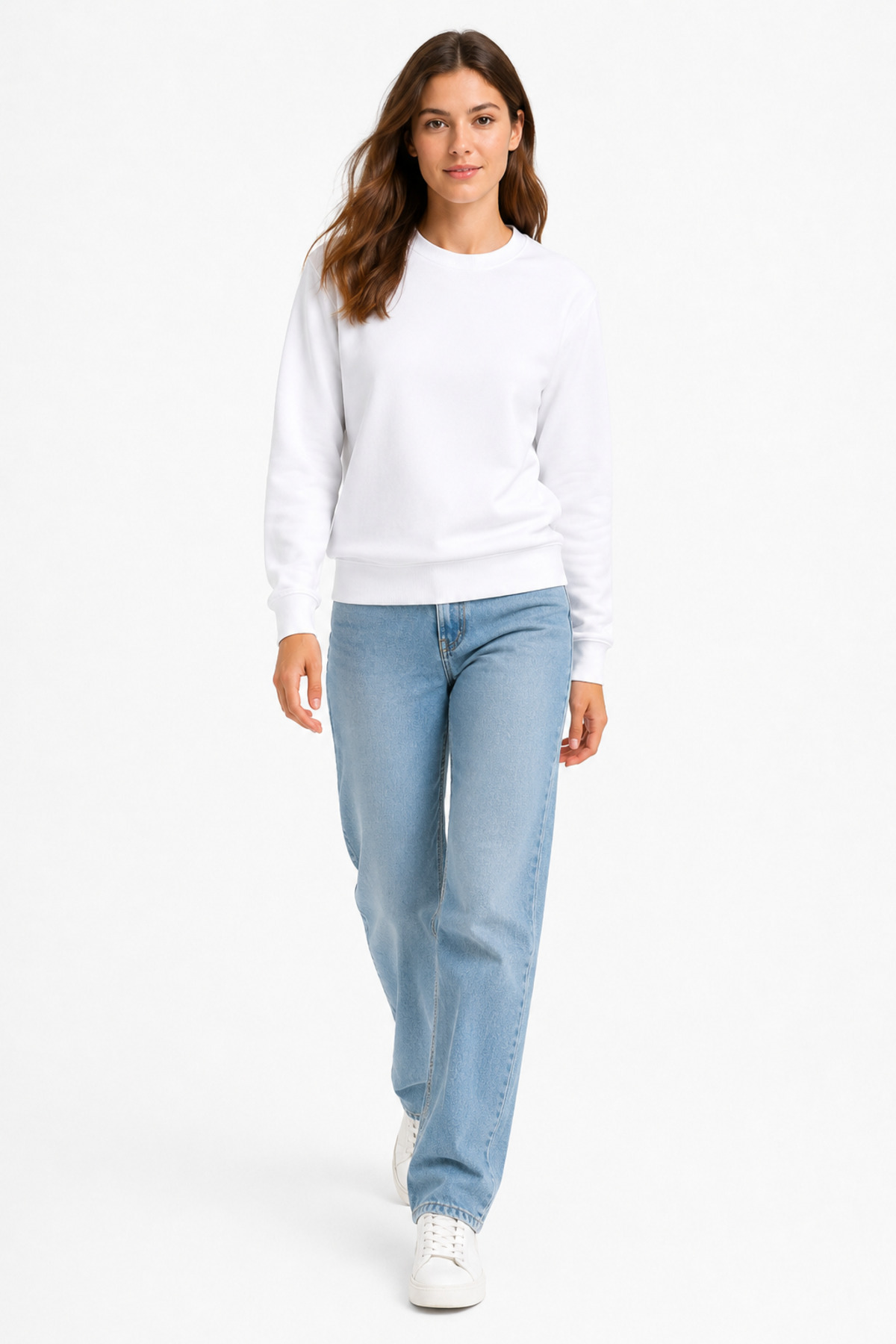 Unisex Beyaz Basic Bisiklet Yaka Uzun Kollu Sweatshirt Beyaz · Fotoğraf 5