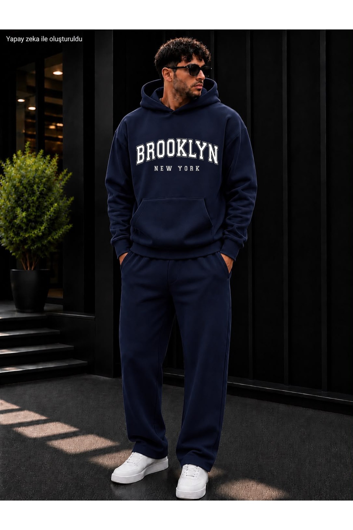 Erkek Brooklyn New York Baskılı Siyah Oversize Kapüşonlu Eşofman Takımı — سرمهای Broklyn