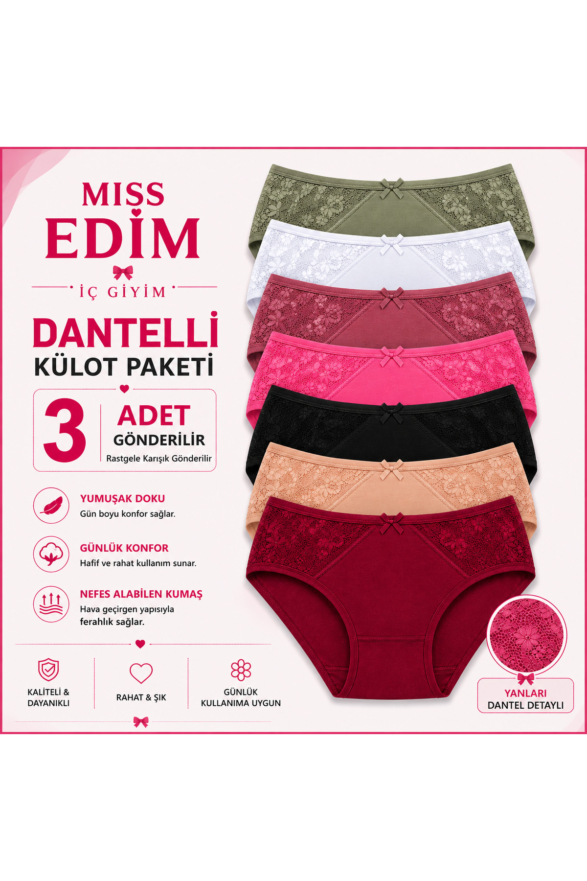 MİSS EDİM Yanları Dantel Detaylı Külot 3'lü Paket, Karışık Renk