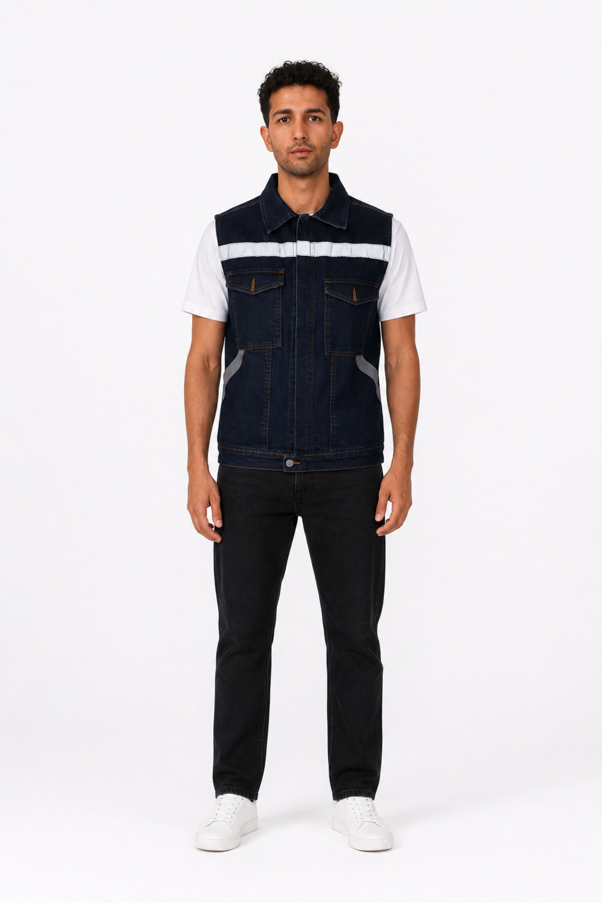 ORANGECAT Erkek Lacivert Reflektör Şeritli Fermuarlı Çok Cepli Denim İş Yeleği görsel 2