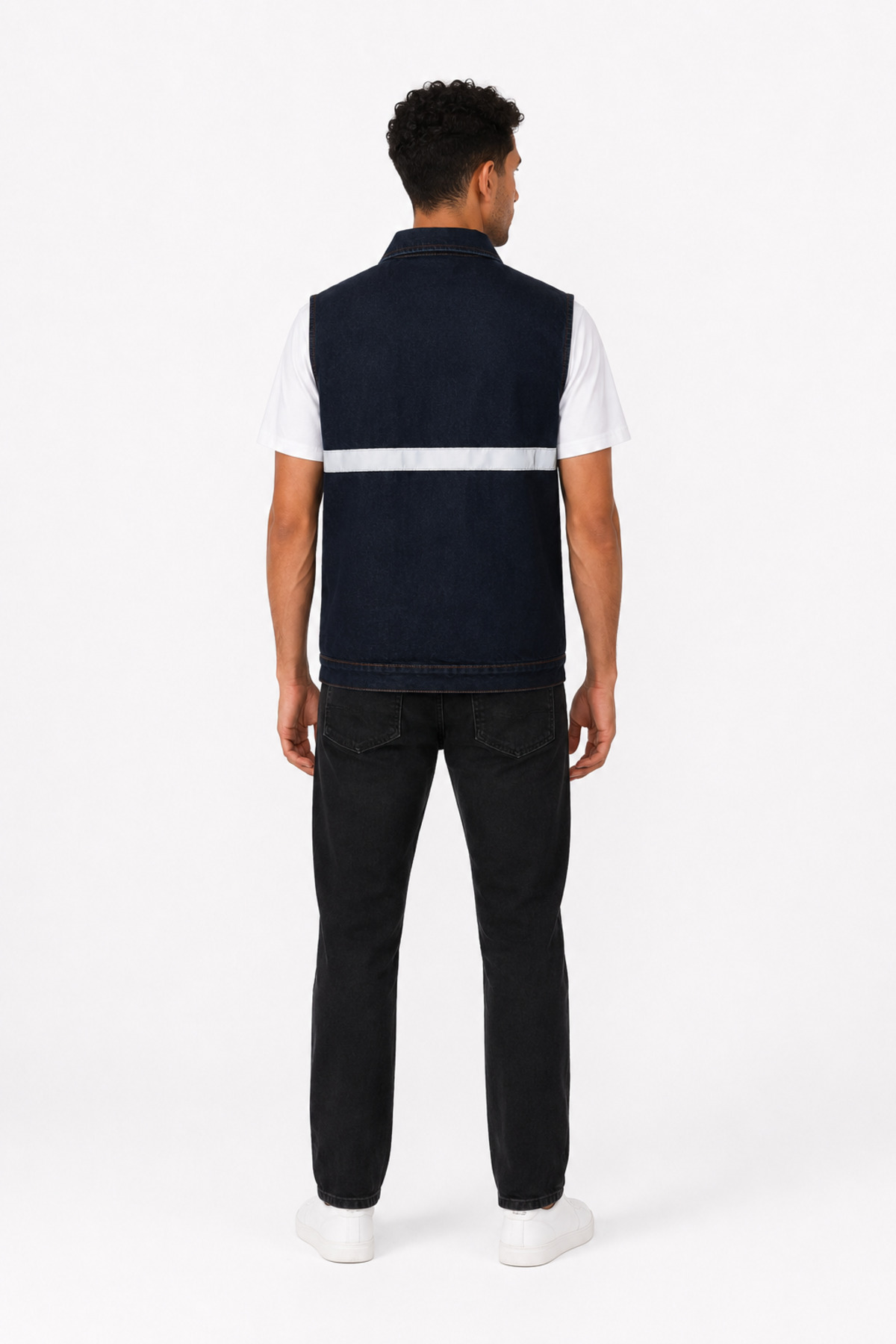 ORANGECAT Erkek Lacivert Reflektör Şeritli Fermuarlı Çok Cepli Denim İş Yeleği görsel 8