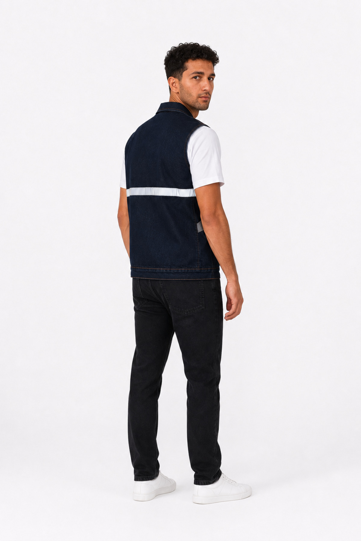 ORANGECAT Erkek Lacivert Reflektör Şeritli Fermuarlı Çok Cepli Denim İş Yeleği görsel 7