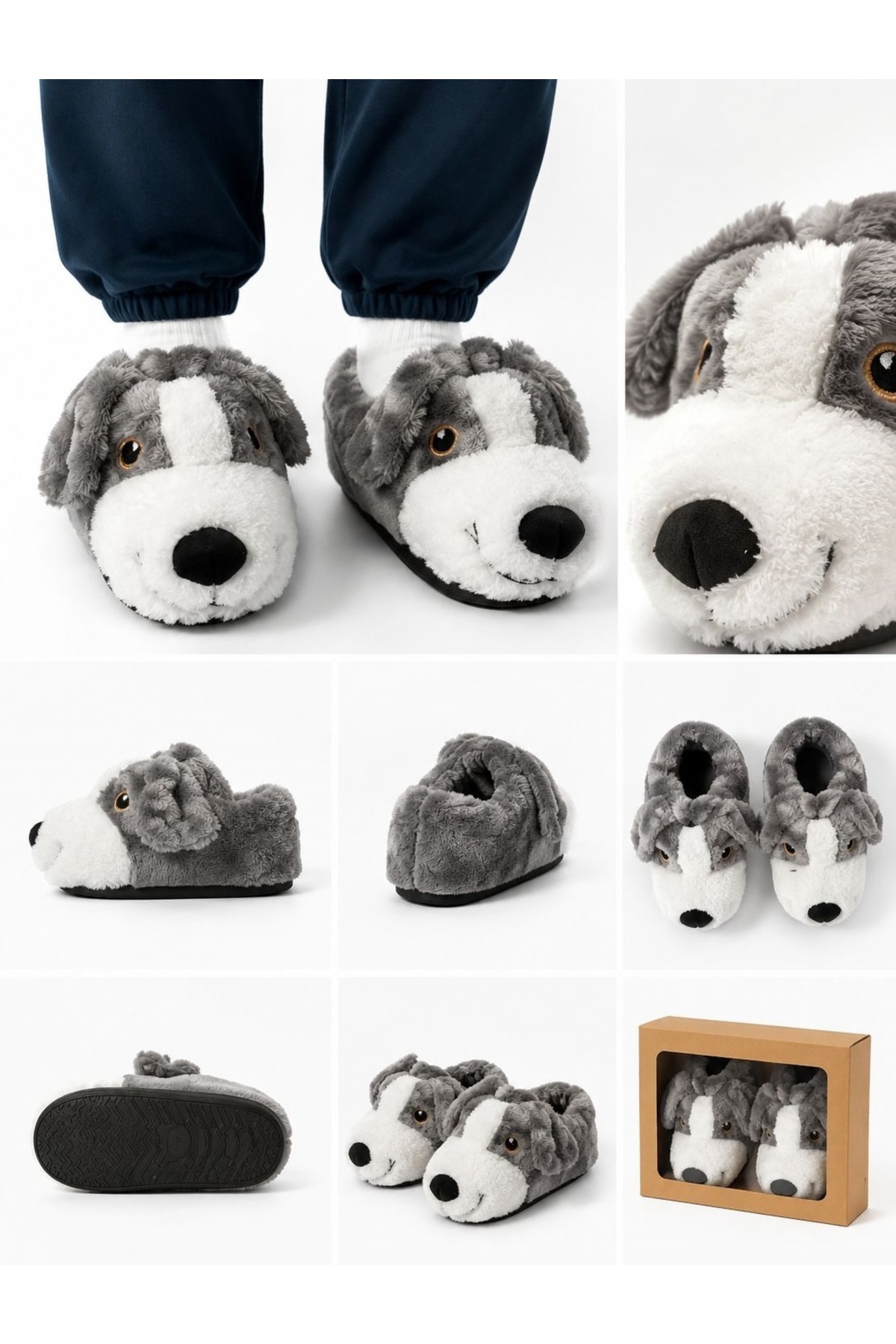 LİNA SOLE ERKEK PANDUF GRİ KÖPEKLİ PELUŞ KIŞLIK HOMEWEAR görsel 3