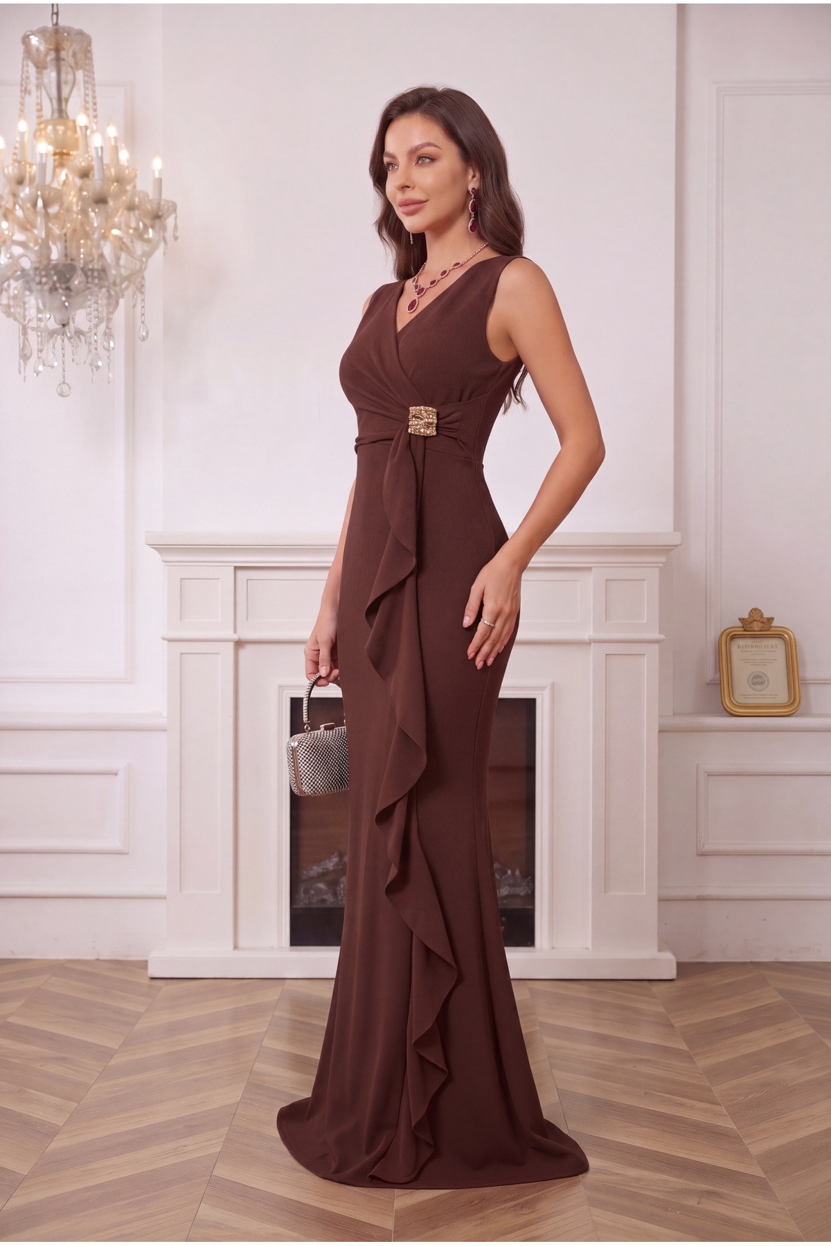ALFUDO Moda Collection Kadın Kruvaze Yaka Önü Volanlı Gold Taşlı Kahverengi Kadın Abiye Mezuniyet Elbise görsel 7