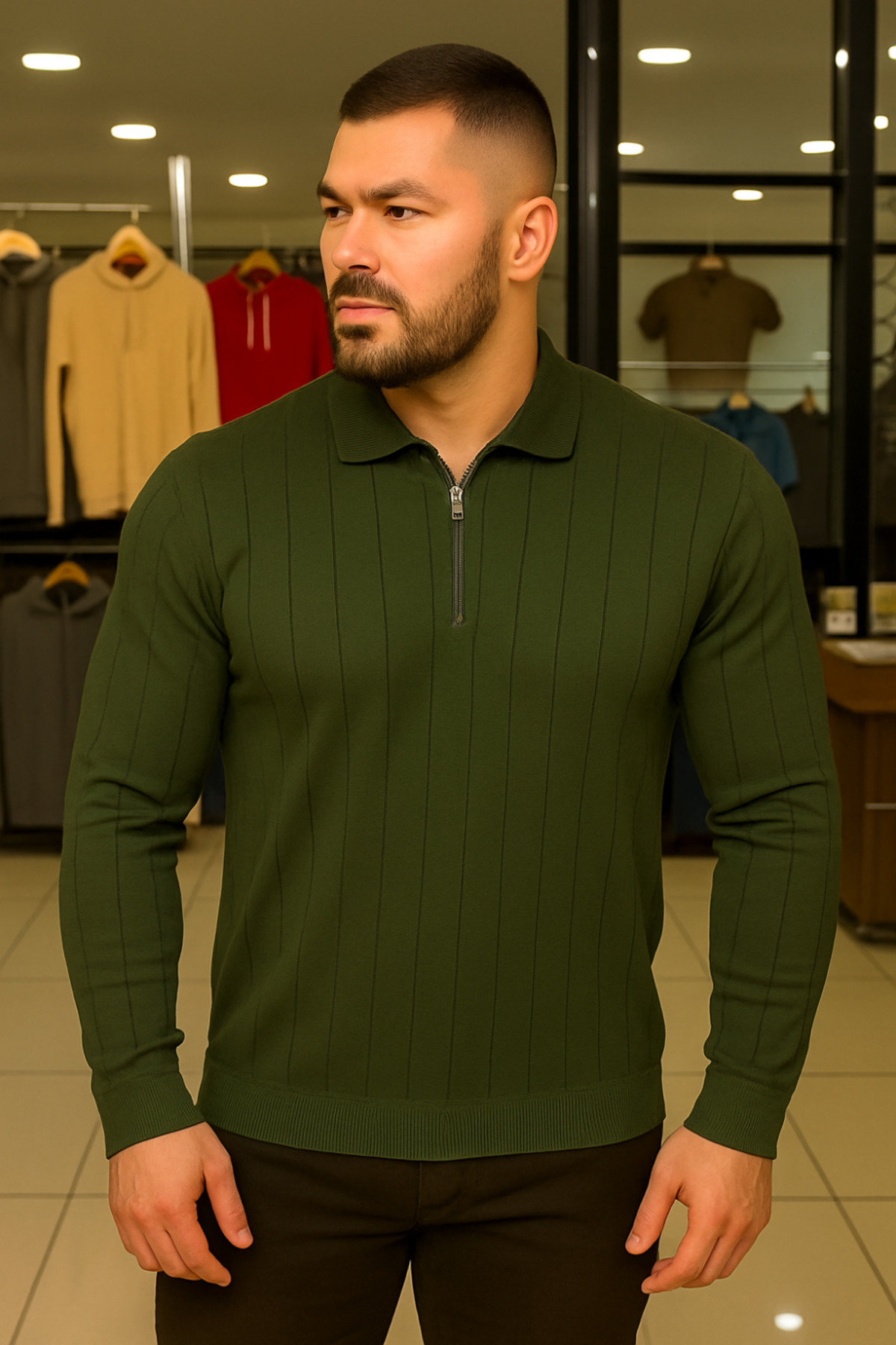 Maccali Erkek Kışlık Büyük Beden Haki Fermuarlı Sweatshirt görsel 2