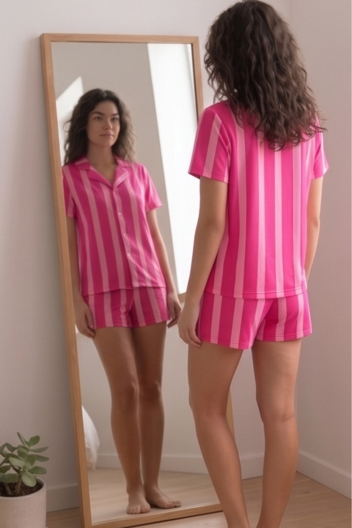 Mindy Pembe Şeritli Kısa Kollu Kadın Pijama Takımı, Rahat ve Tarz Pijama Takımı görsel 6