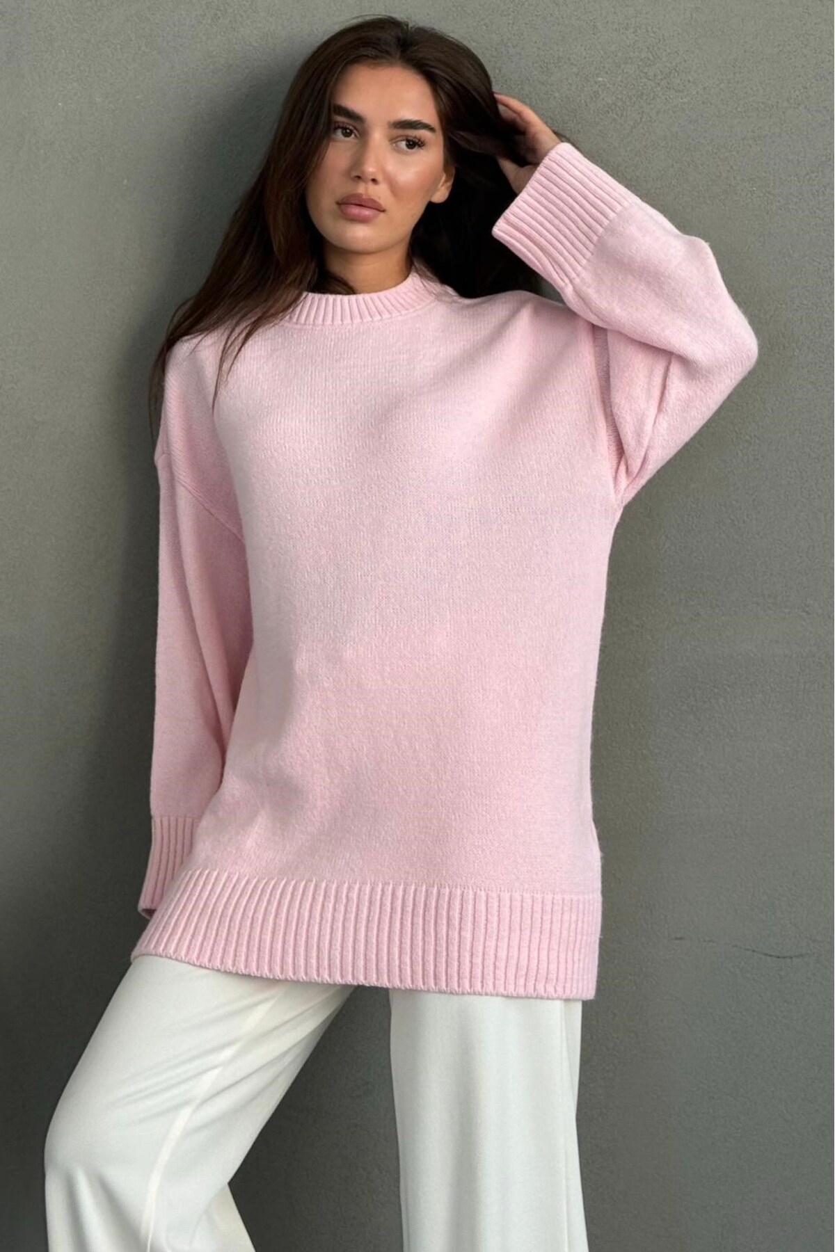 Madmext Pembe Bisiklet Yaka Oversize Uzun Kadın Triko Kazak MG2890 görsel 7
