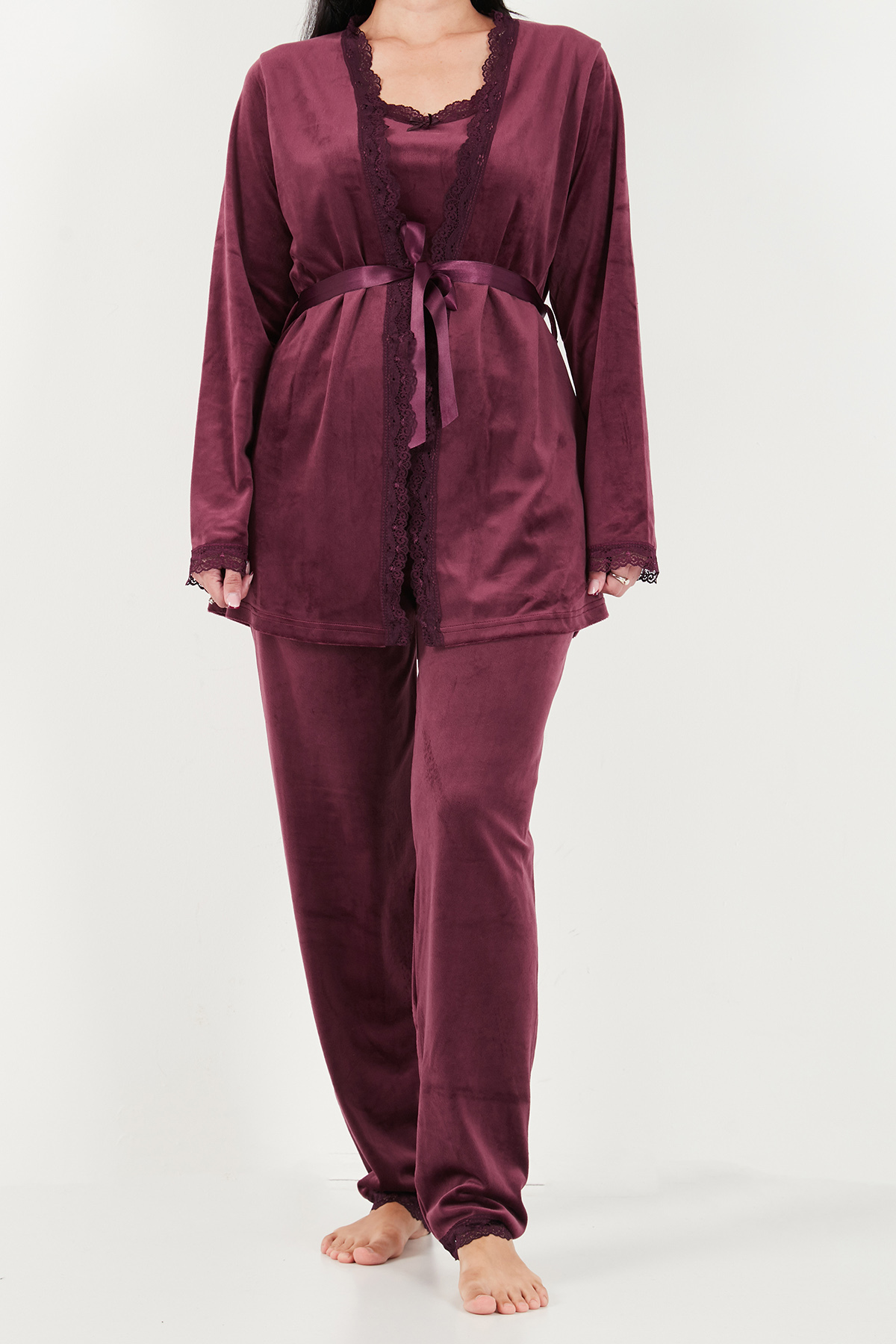 Lela Regular Fit Dantelli Yumuşak Dokulu Sabahlıklı Kadife Pijama Takımı Kadın PİJAMA TAKIMI 6095545 görsel 5