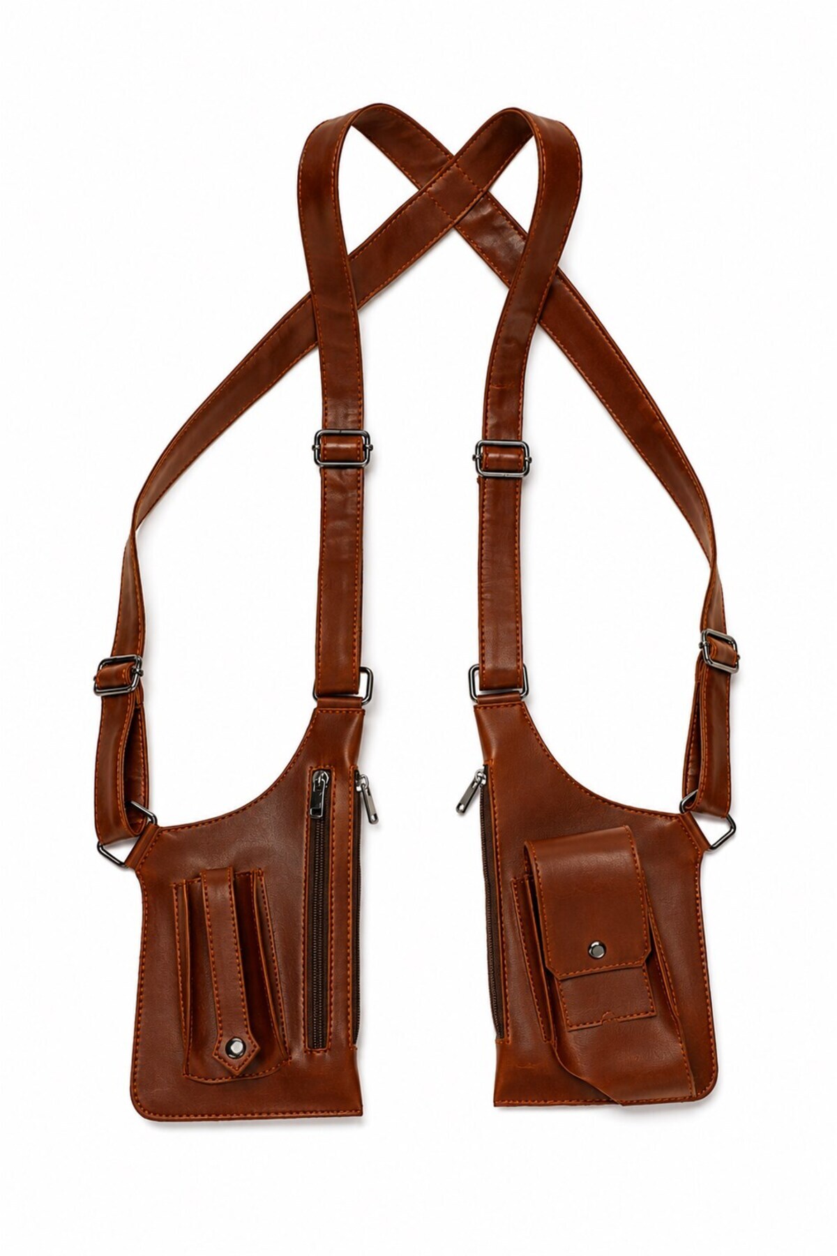 Newish Polo Erkek Siyah Vegan Deri Çapraz Askılı Çok Cepli Harness Göğüs Çantası görsel 5