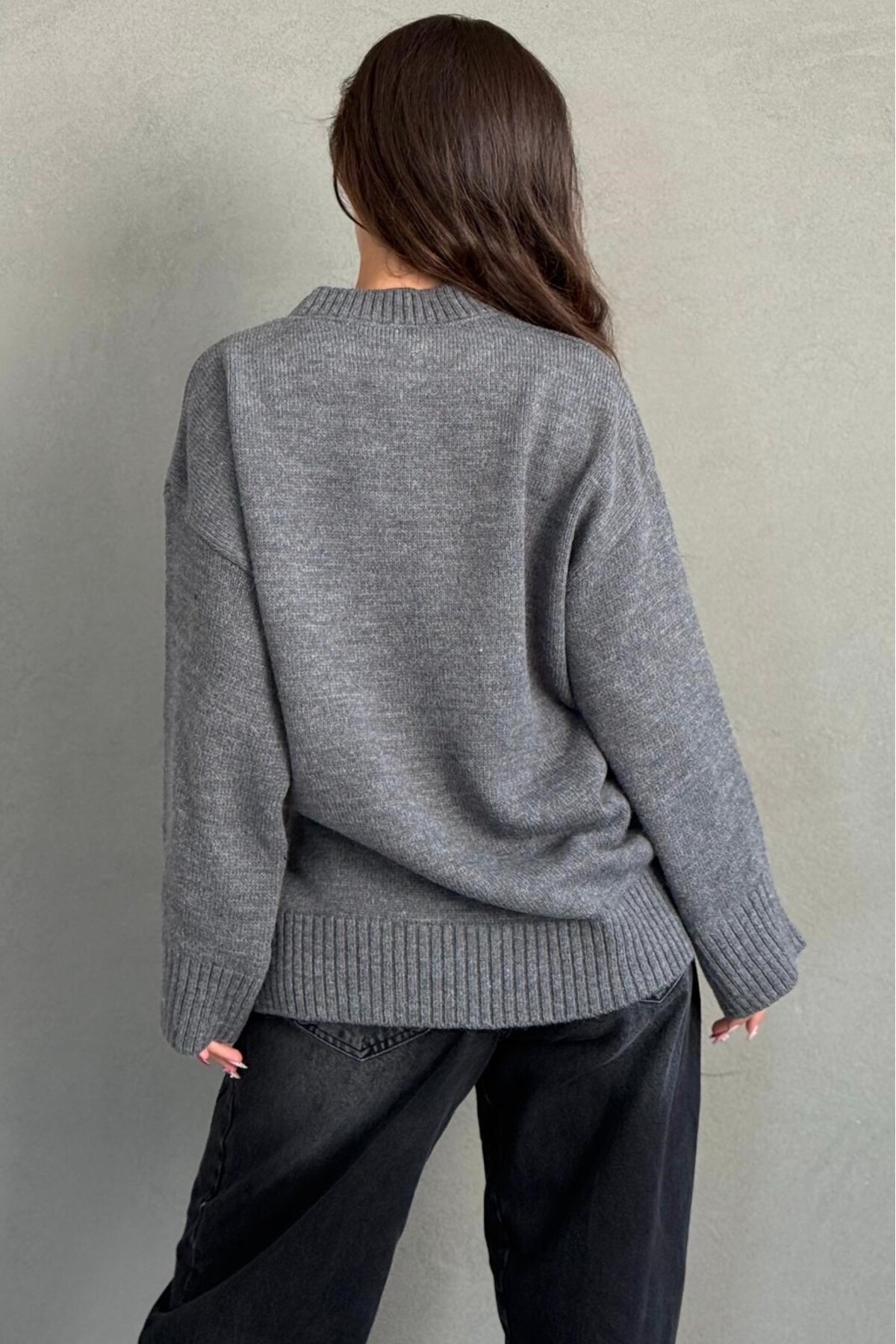 Madmext Antrasit Bisiklet Yaka Oversize Uzun Kadın Triko Kazak MG2890 görsel 7