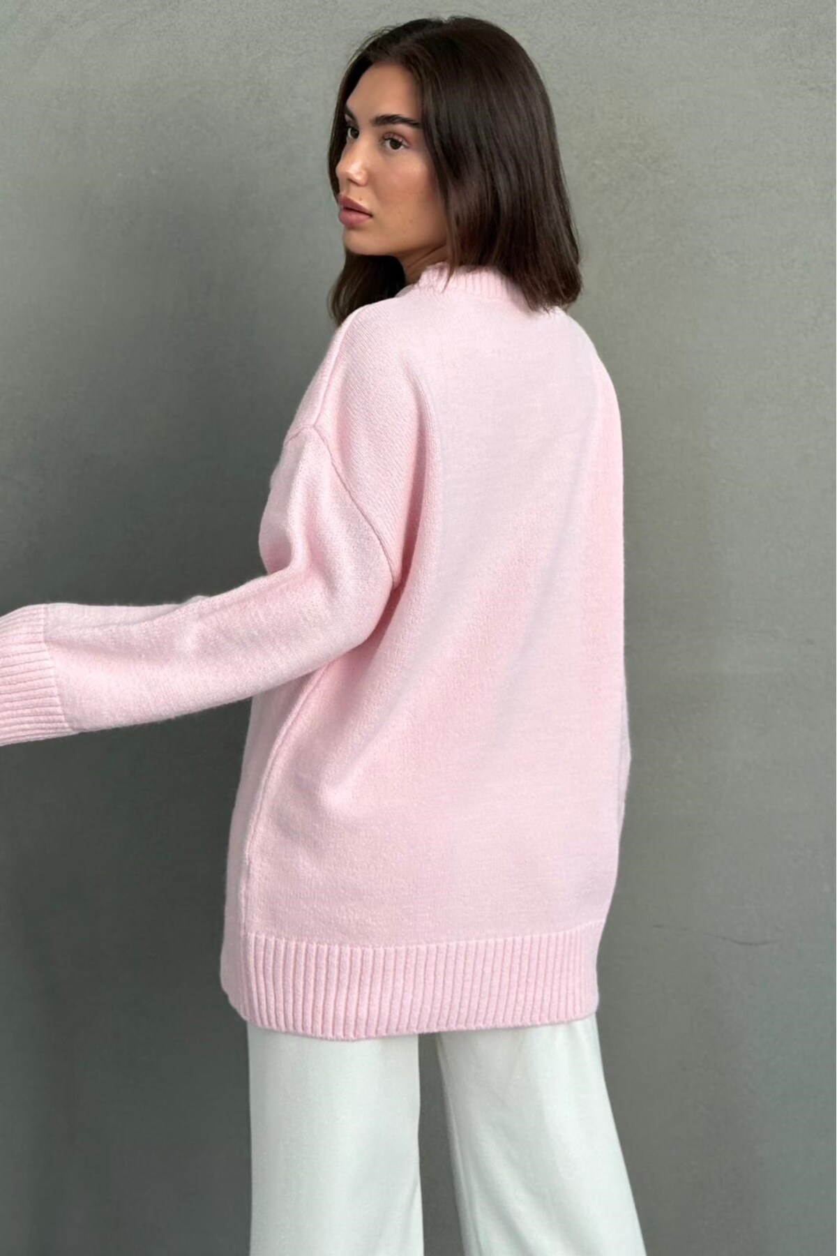 Madmext Pembe Bisiklet Yaka Oversize Uzun Kadın Triko Kazak MG2890 görsel 6
