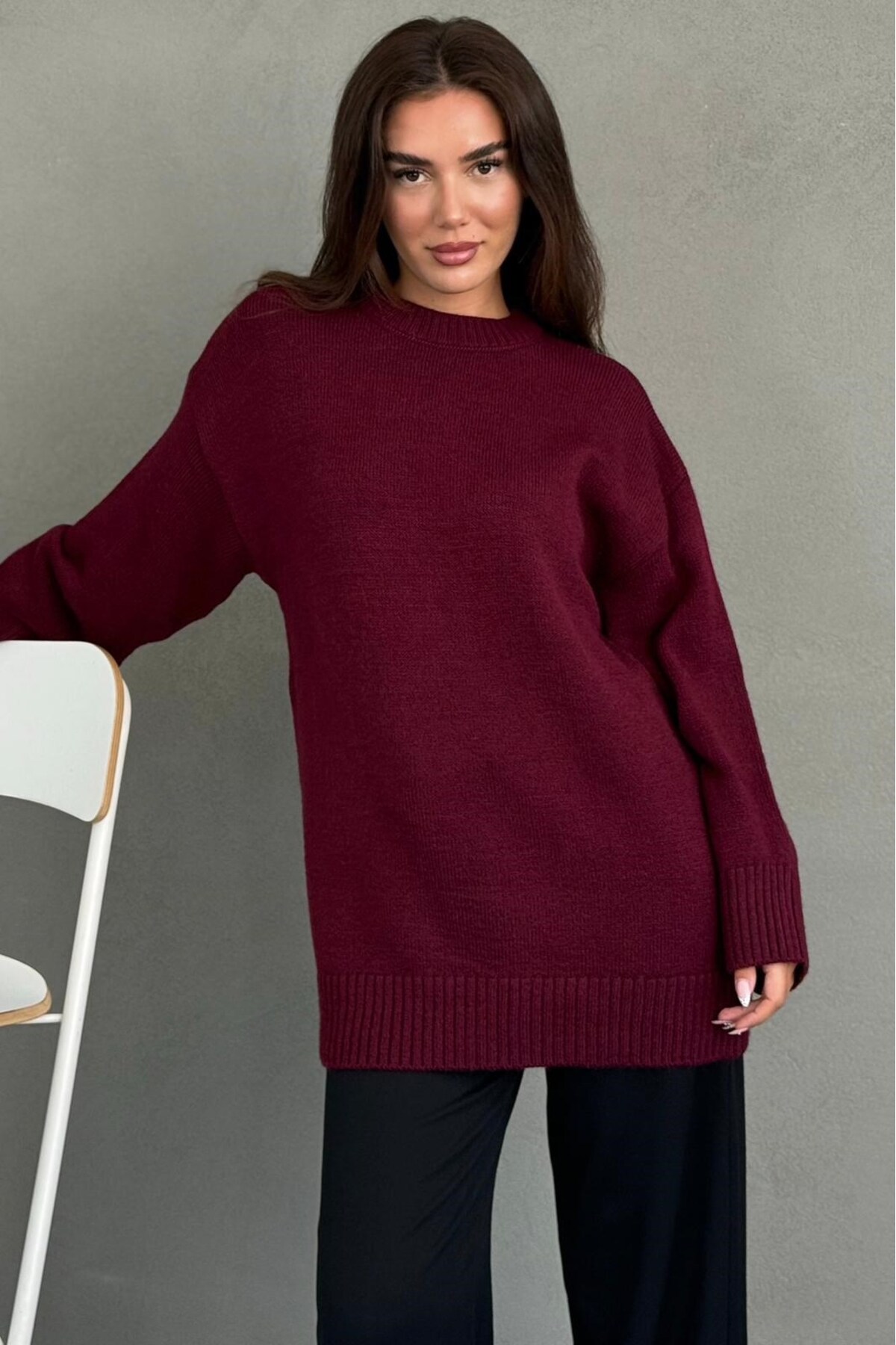 Madmext Bordo Bisiklet Yaka Oversize Uzun Kadın Triko Kazak MG2890 görsel 5