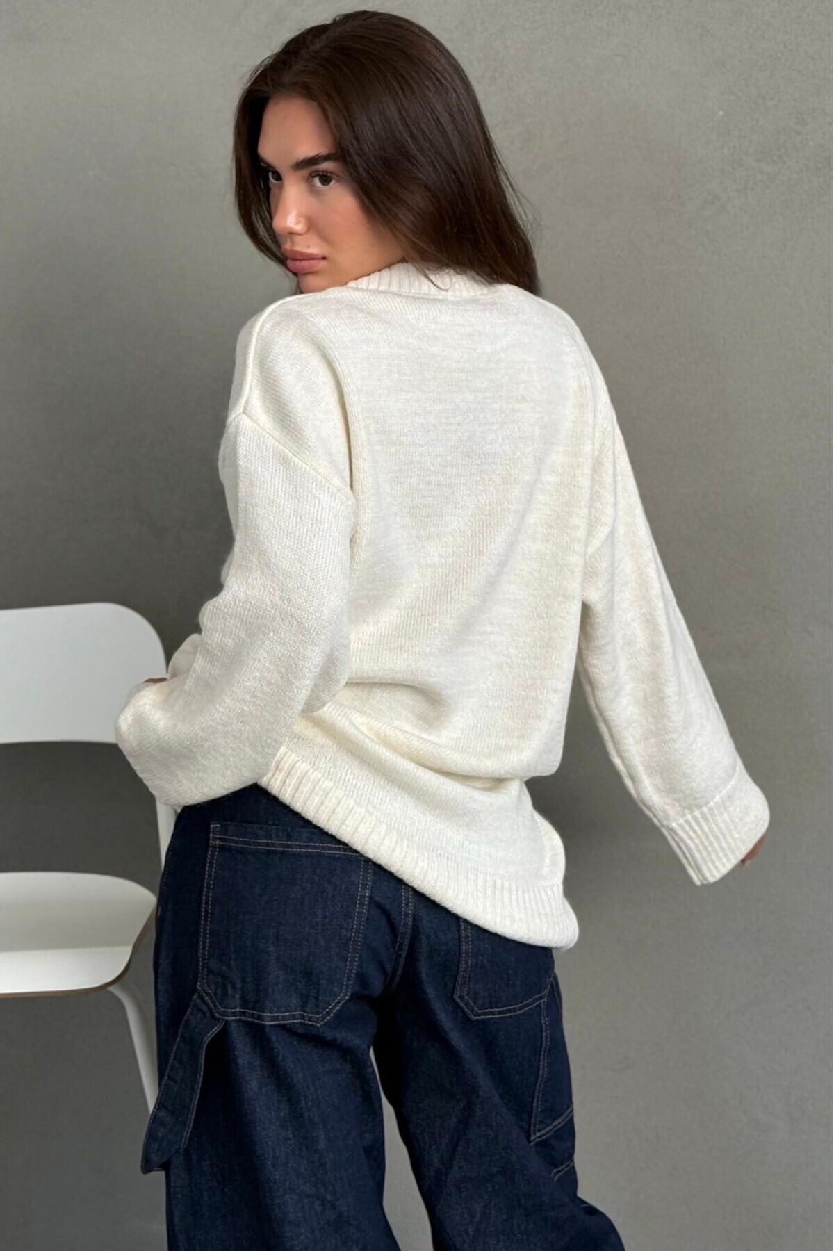 Madmext Ekru Bisiklet Yaka Oversize Uzun Kadın Triko Kazak MG2890 görsel 7