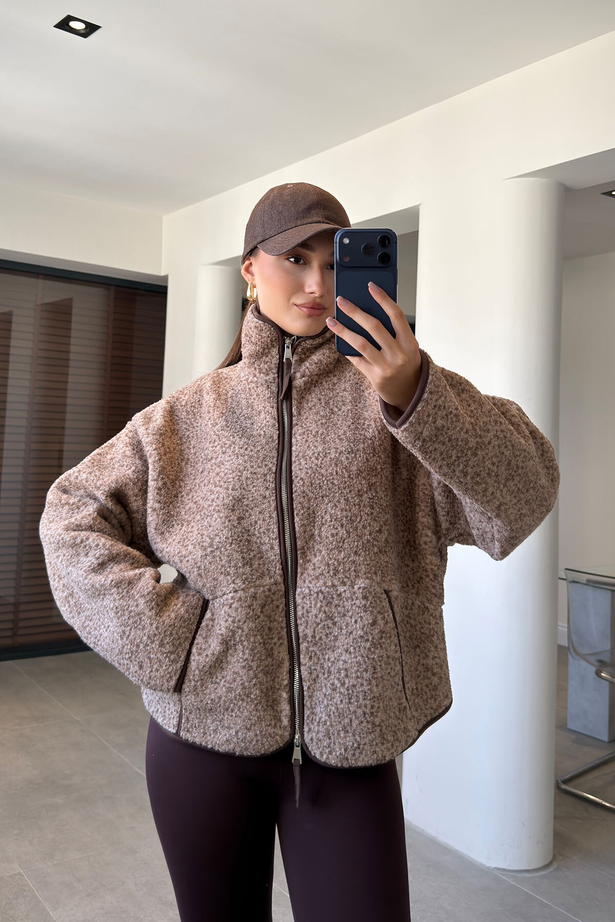 MAGARDE FERMUARLI DİK YAKA POLAR CEKET- KAHVERENGİ görsel 4