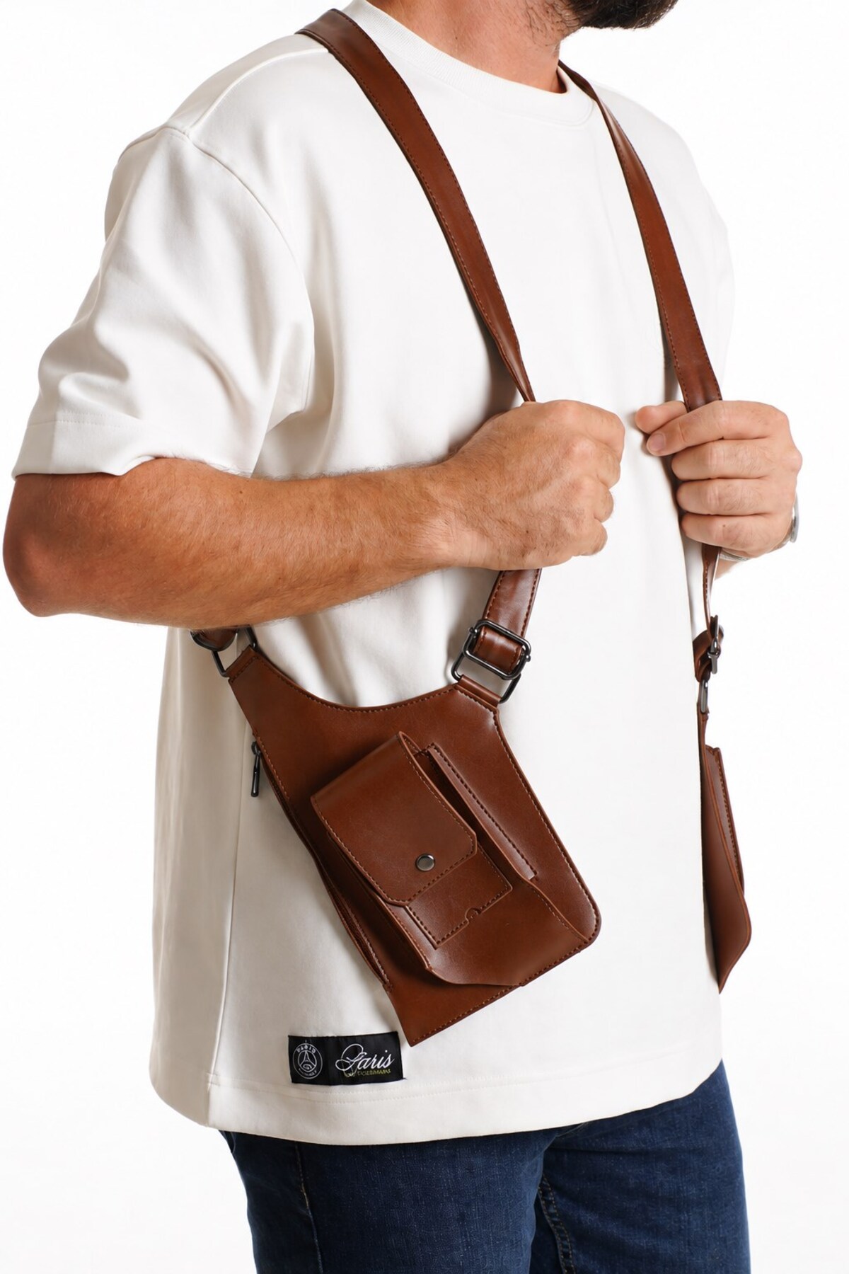 Newish Polo Erkek Siyah Vegan Deri Çapraz Askılı Çok Cepli Harness Göğüs Çantası görsel 2