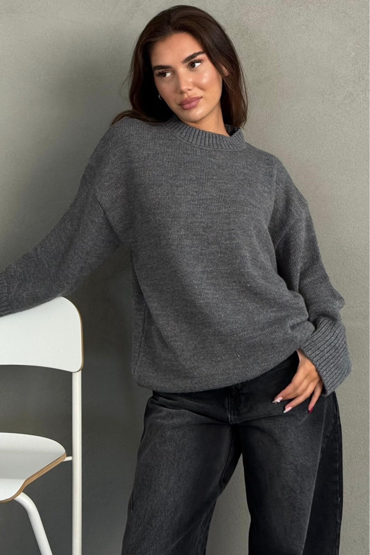 Madmext Antrasit Bisiklet Yaka Oversize Uzun Kadın Triko Kazak MG2890 görsel 3