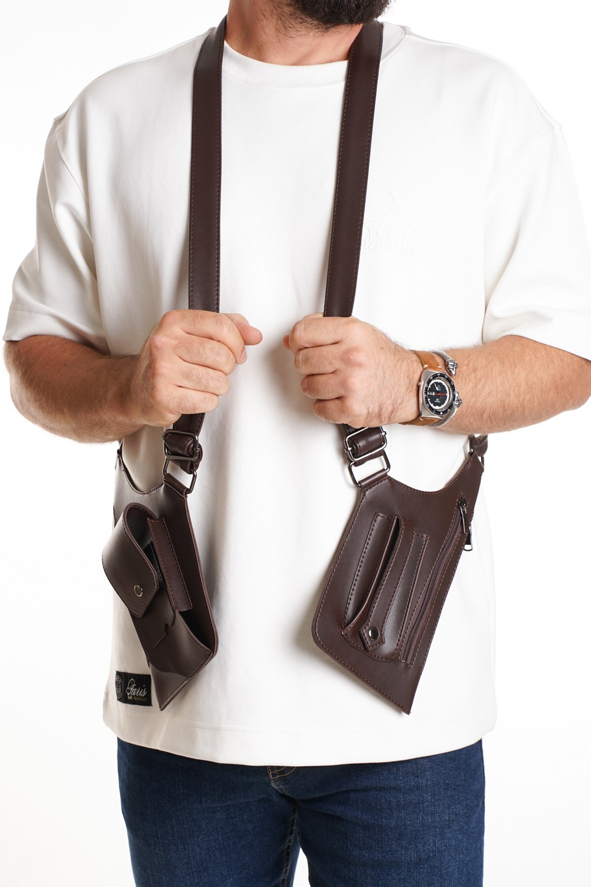 Newish Polo Erkek Siyah Vegan Deri Çapraz Askılı Çok Cepli Harness Göğüs Çantası