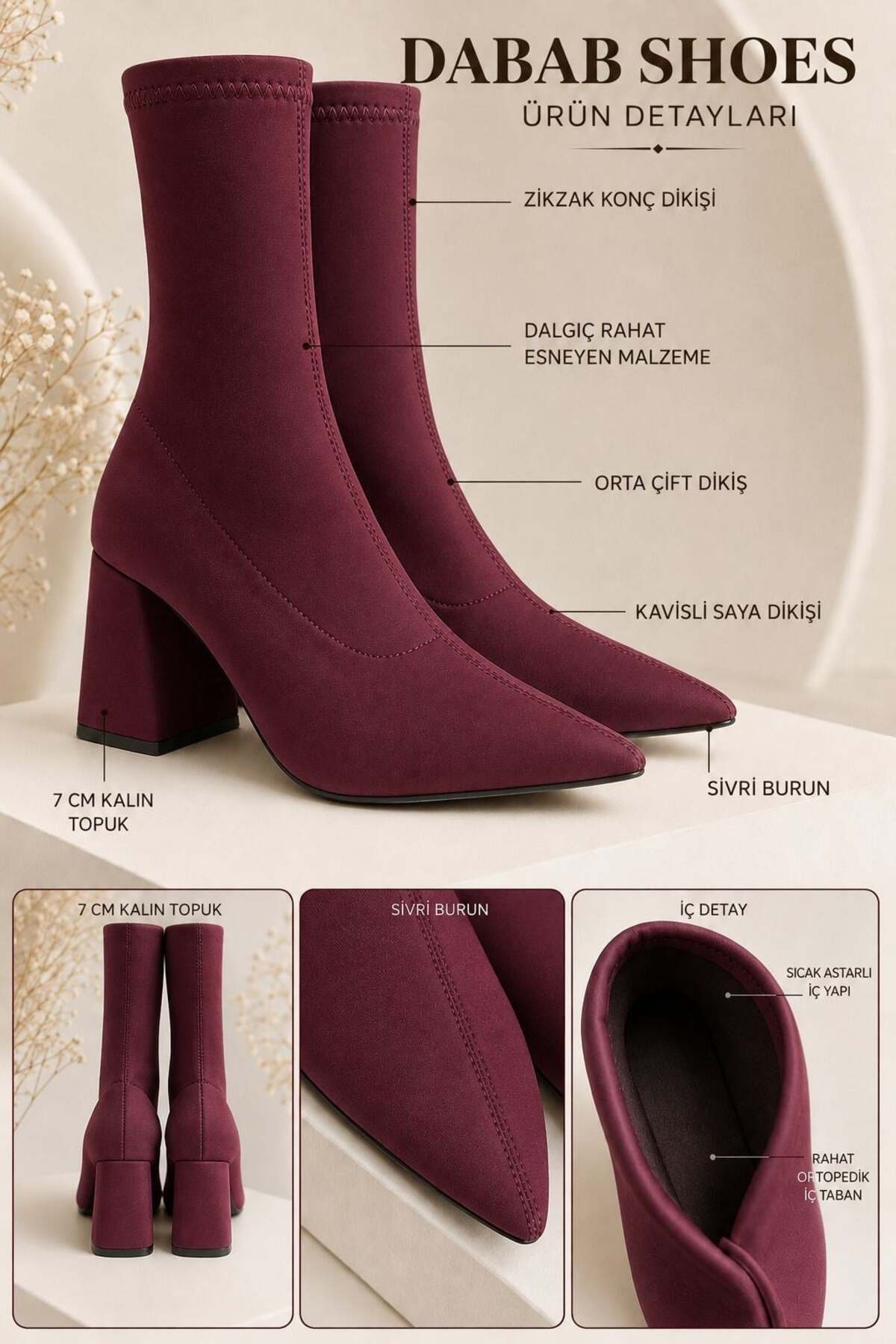 dabab shoes RACHEL Kadın Bordo Sivri Burun Dalgıç Streç 7 Cm Kalın Topuklu Çorap Bot Bootie görsel 5