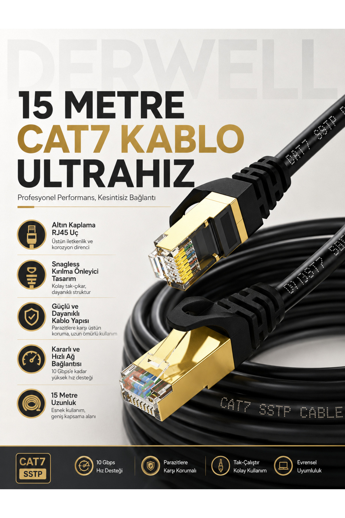 15 METRE UltraHız Cat7 SSTP Ethernet İnternet Kablosu - Altın Kaplama RJ45 Konnektörlü Çift Korumalı Saf Bakır Lan Yama Kablosu; 10Gbps 600MHz Fiber Modem PC Oyuncu