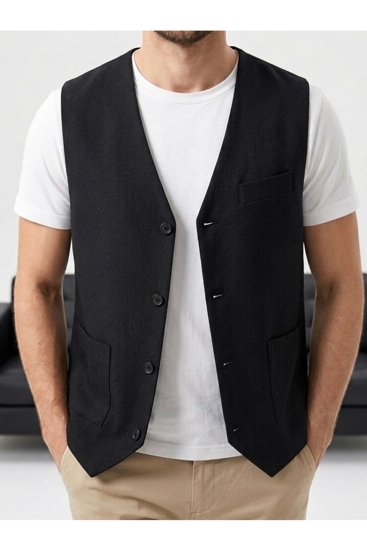 urban wear URBAN ERKEK SİYAH V Yaka Klasik Yelek - 2617 görsel 2