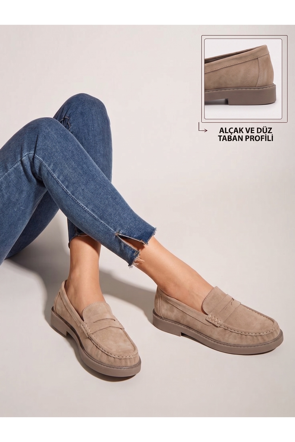 guijarro Bej Kadın Penny Hakiki Süet Loafer - Yeni Trend Süet Kaymaz Taban El Dikişli Günlük Ayakkabı görsel 7