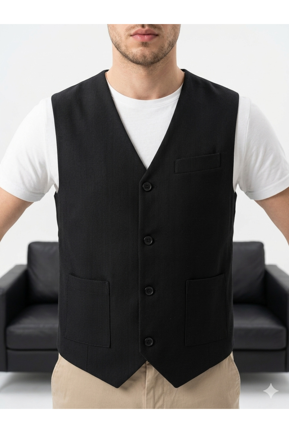 urban wear URBAN ERKEK SİYAH V Yaka Klasik Yelek - 2617 görsel 3