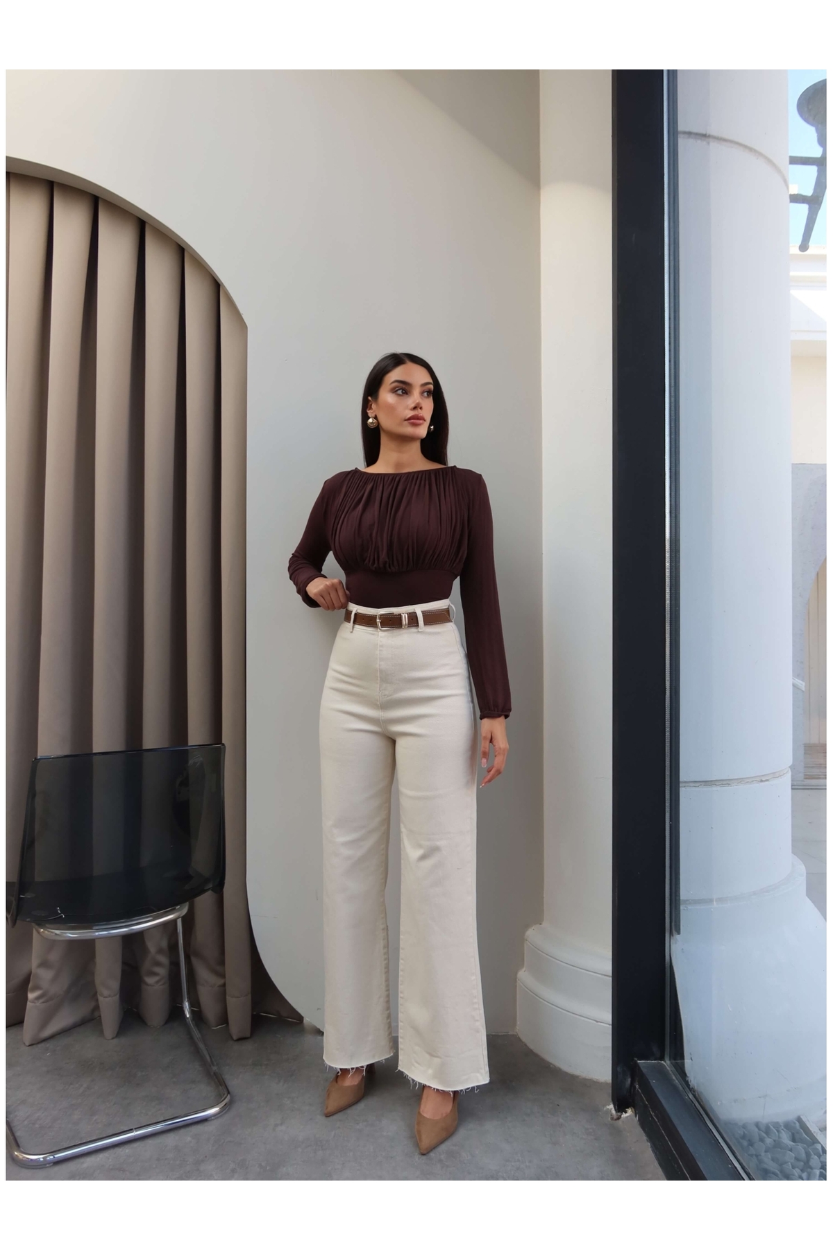 ESRAHELVACI Yüksek Bel Kemerli Wide Leg Jean görsel 2
