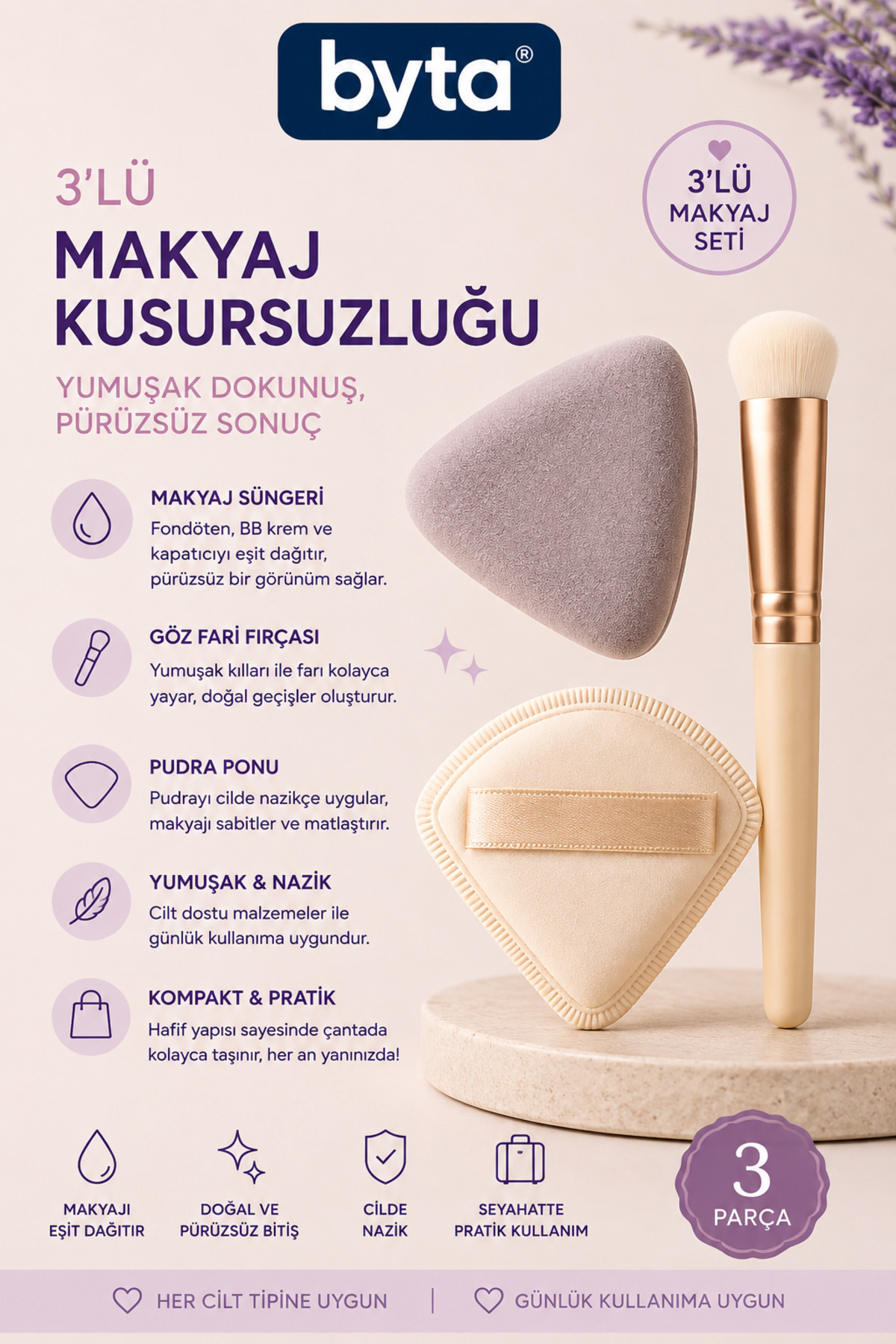 3’lü Makyaj Uygulama Seti – Makyaj Süngeri, Pudra Ponu ve Göz Farı Fırçası — BYTA-AYK-041