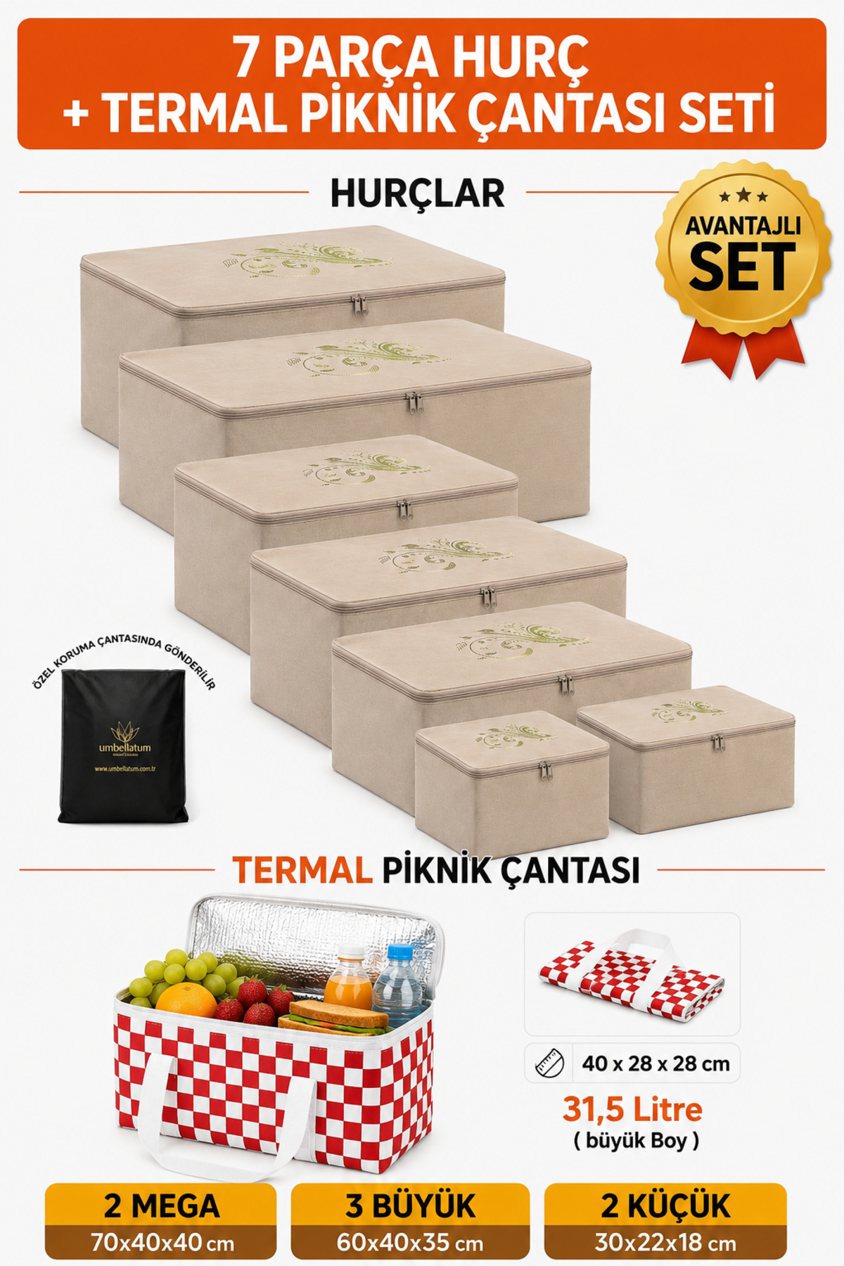 umbellatum 7'li Hurç Organizer ve Termal Piknik Çanta Seti 8 Parça