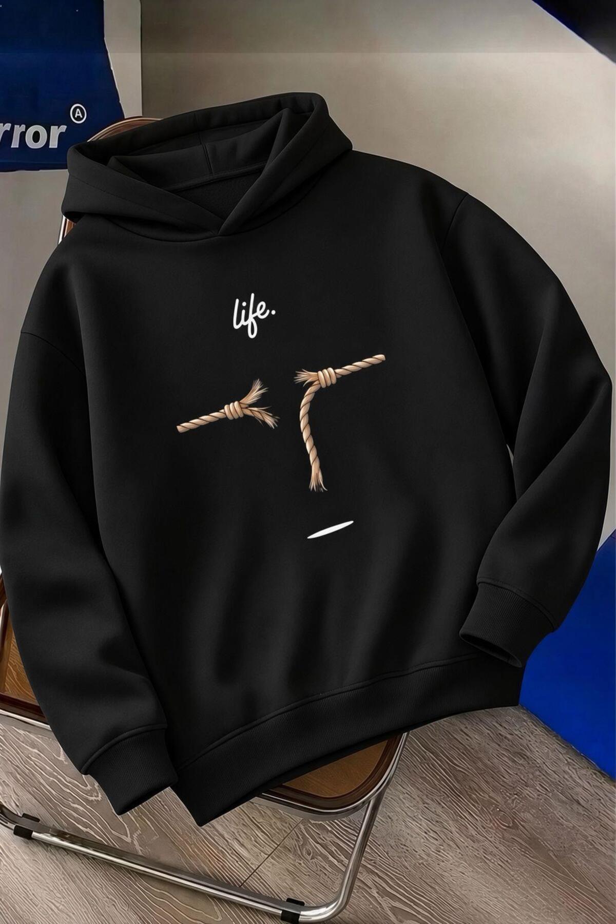 Oksit Sw Life Design Minimalist İllüstrasyon Baskılı Unisex Kapüşonlu Sweatshirt-Büyük Beden Seçenekli