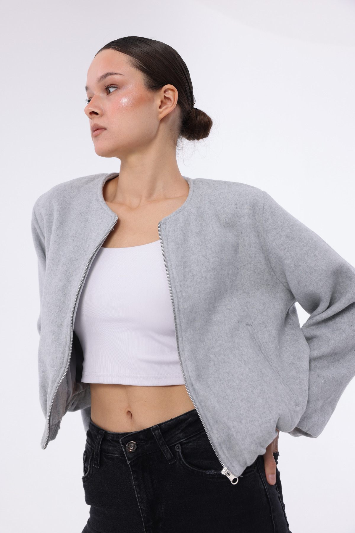 T SteepRockt Kadın Kaşe Bomber Ceket Gri Astarlı Fermuarlı Kısa Model