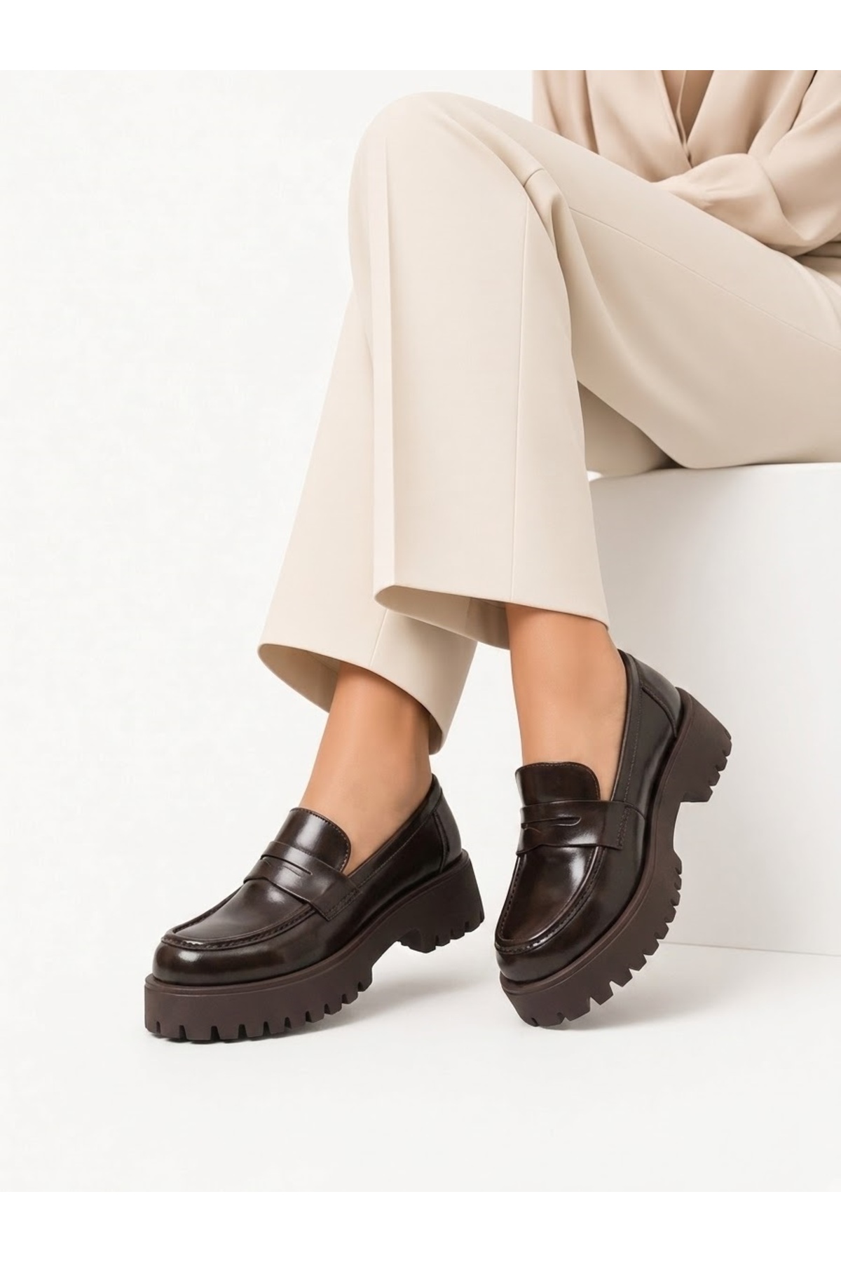 McDark Kadın Günlük Loafer Hafif Taban Malzeme Casual Ayakkabı-KAHVE RUGAN görsel 3
