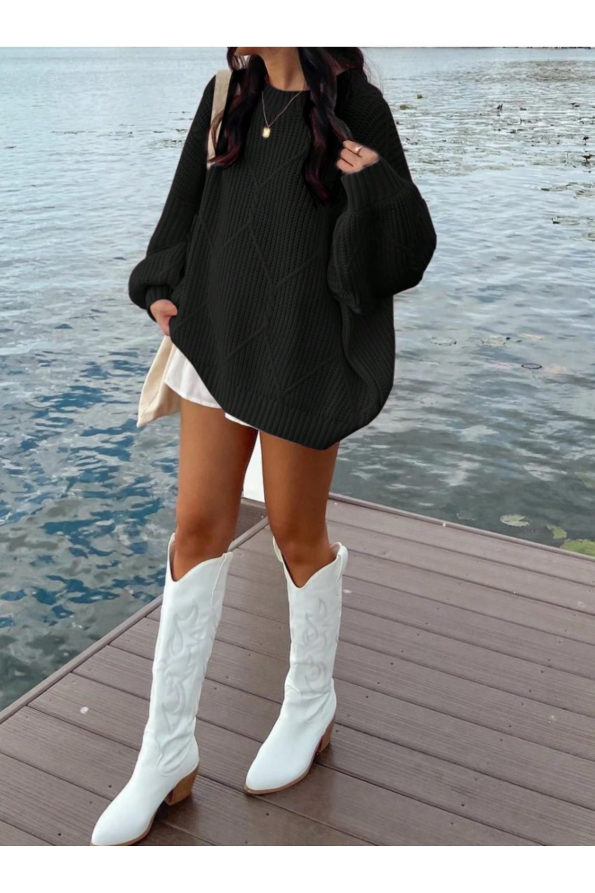 SAYZEN YOUR SHİNE selanik örgülü oversize bisiklet yaka oversize kadın kazak görsel 2