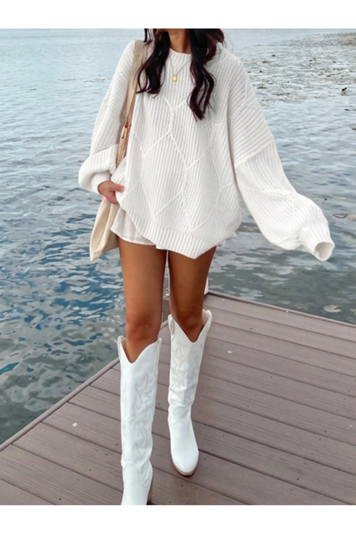 SAYZEN YOUR SHİNE selanik örgülü oversize bisiklet yaka oversize kadın kazak görsel 2