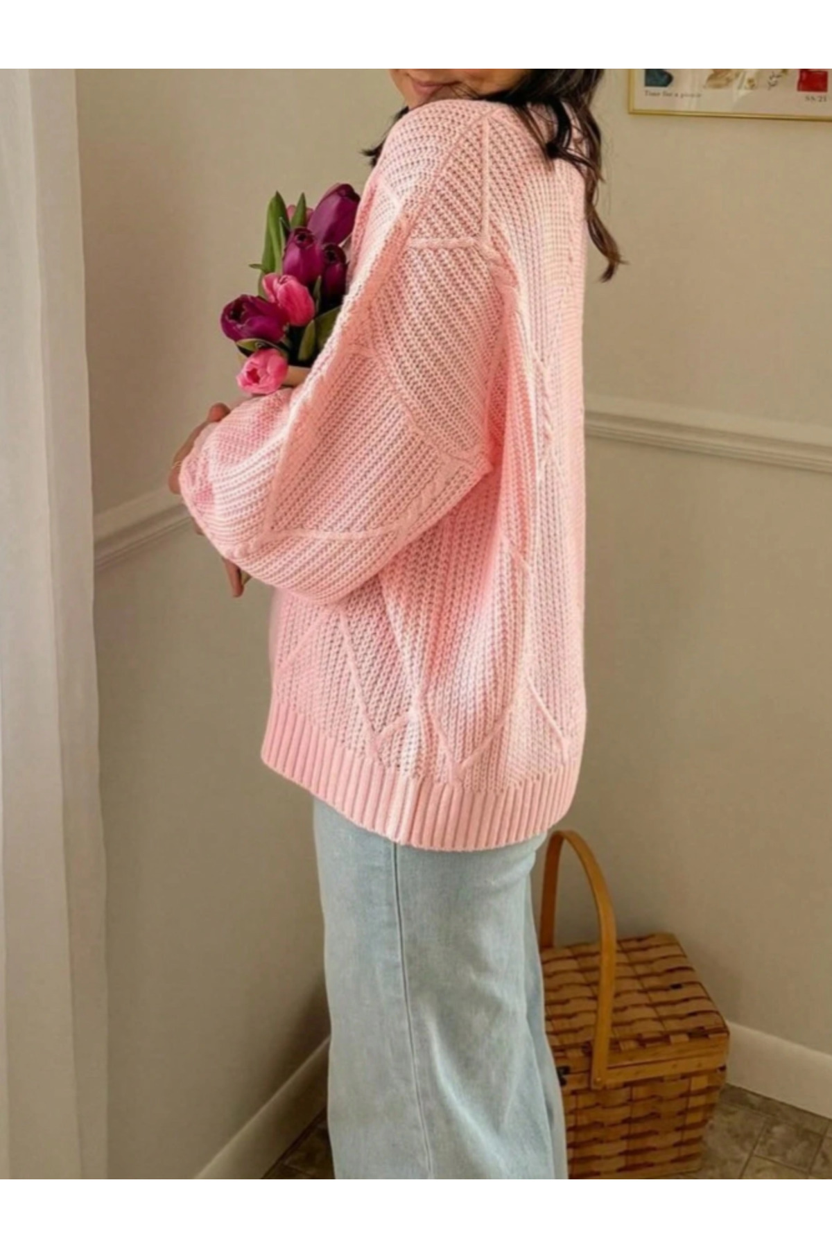 SAYZEN YOUR SHİNE selanik örgülü oversize bisiklet yaka oversize kadın kazak görsel 3