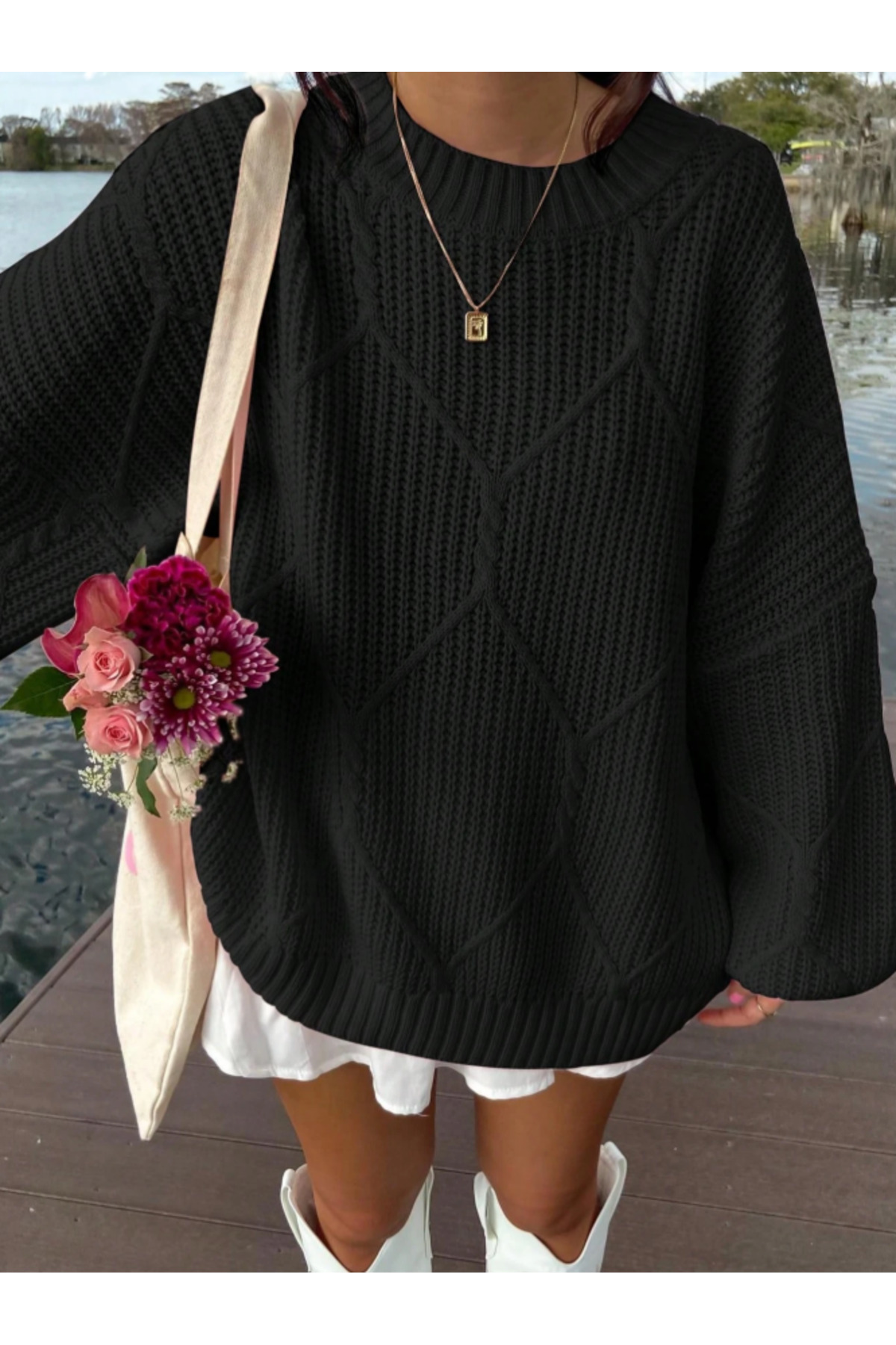 SAYZEN YOUR SHİNE selanik örgülü oversize bisiklet yaka oversize kadın kazak