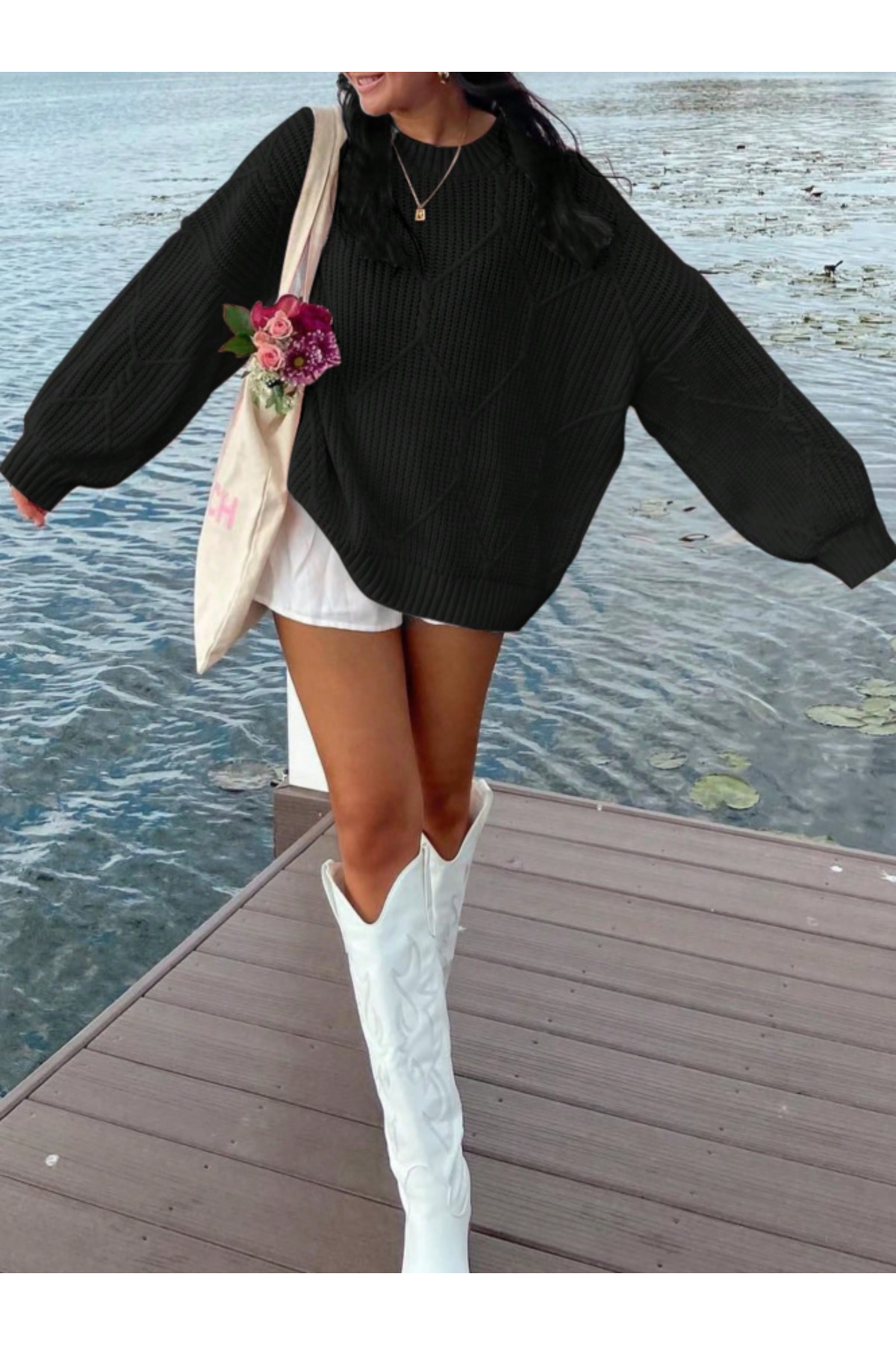 SAYZEN YOUR SHİNE selanik örgülü oversize bisiklet yaka oversize kadın kazak görsel 3