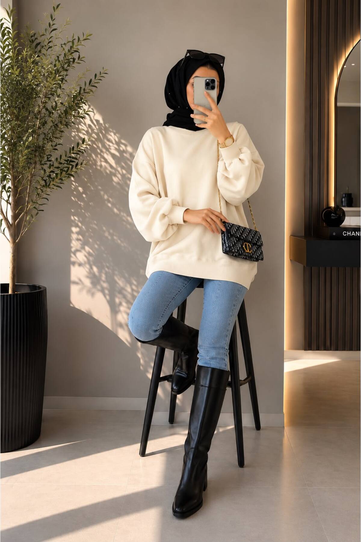 STF MODA Yarım Balıkçı Yaka Oversize Triko Kazak Ekru görsel 3