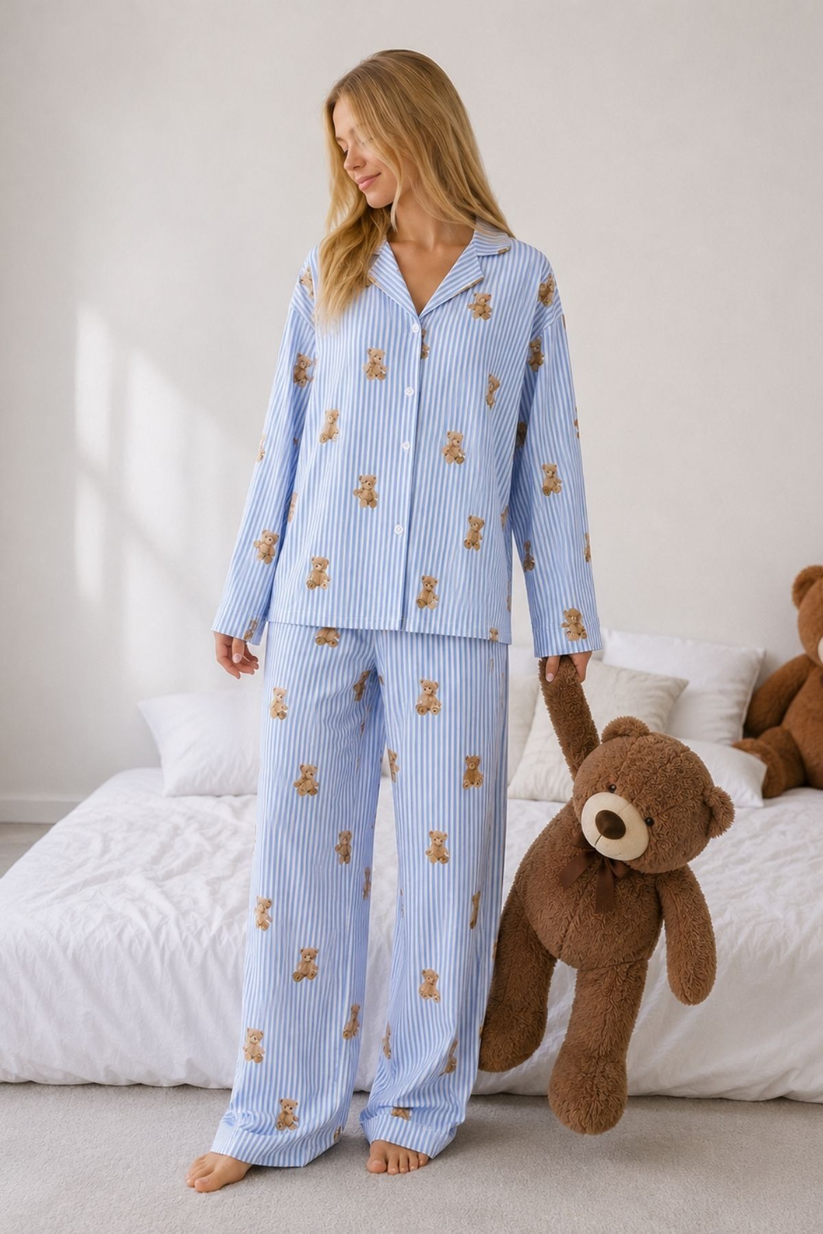 BELLA NOTTE Mavi Çizgili Ayıcık Desenli Gömlek Yaka Düğmeli Uzun Kollu Kadın Pijama Takımı