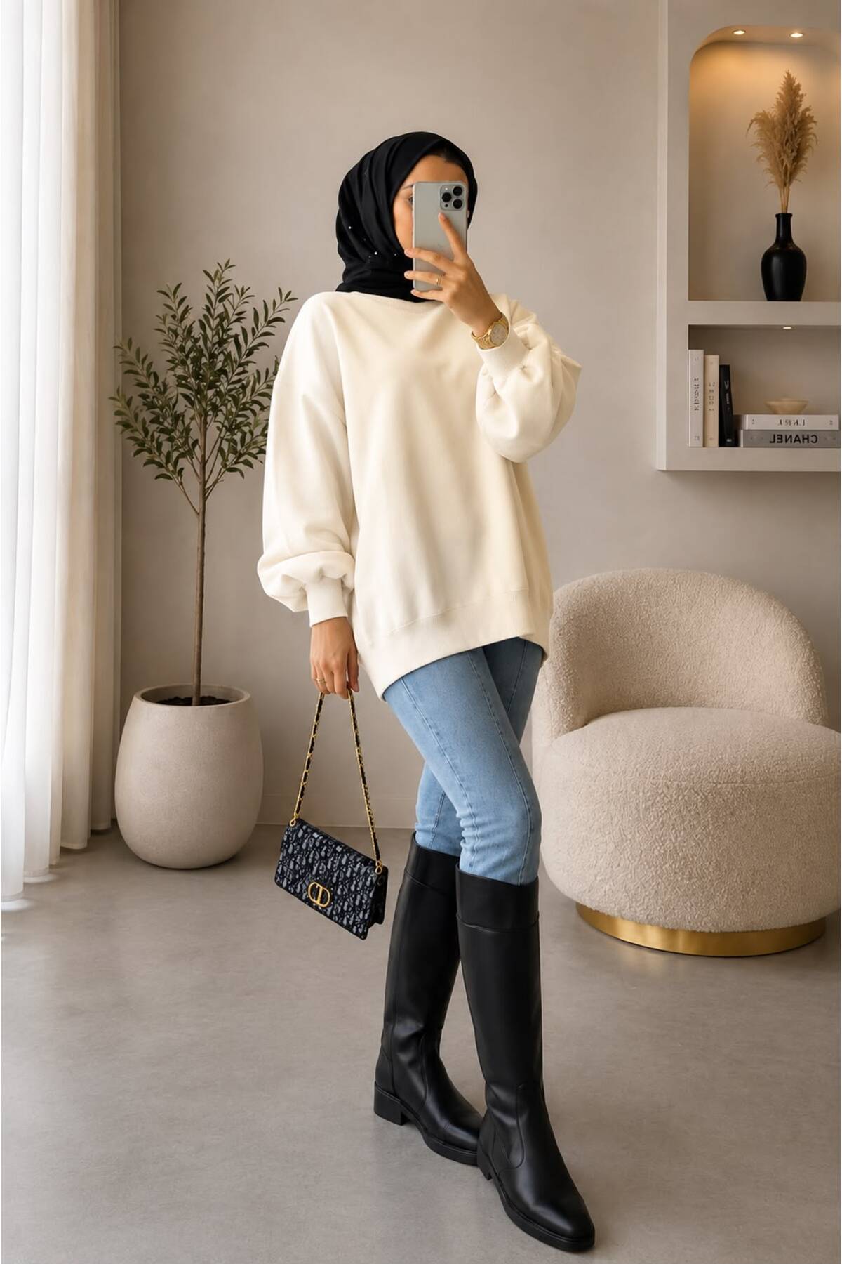 STF MODA Yarım Balıkçı Yaka Oversize Triko Kazak Ekru görsel 5