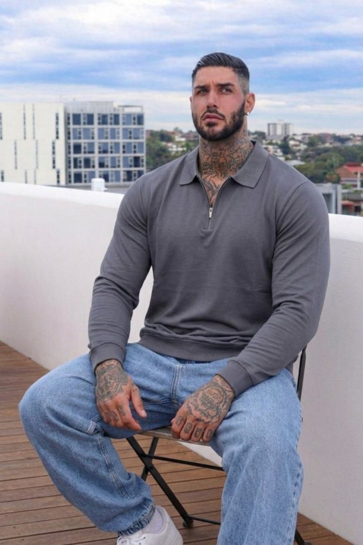 Maccali Erkek Günlük Büyük Beden Casual Füme Sweatshirt görsel 4