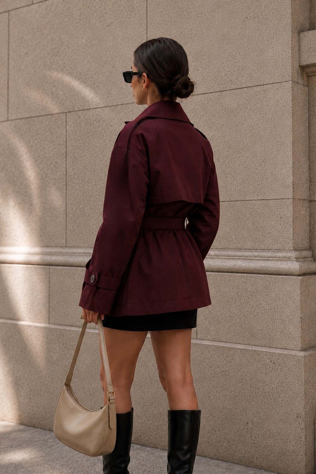 Trendsensin Lorven Kemerli Bordo Oversize Kadın Trençkot Ceket görsel 3