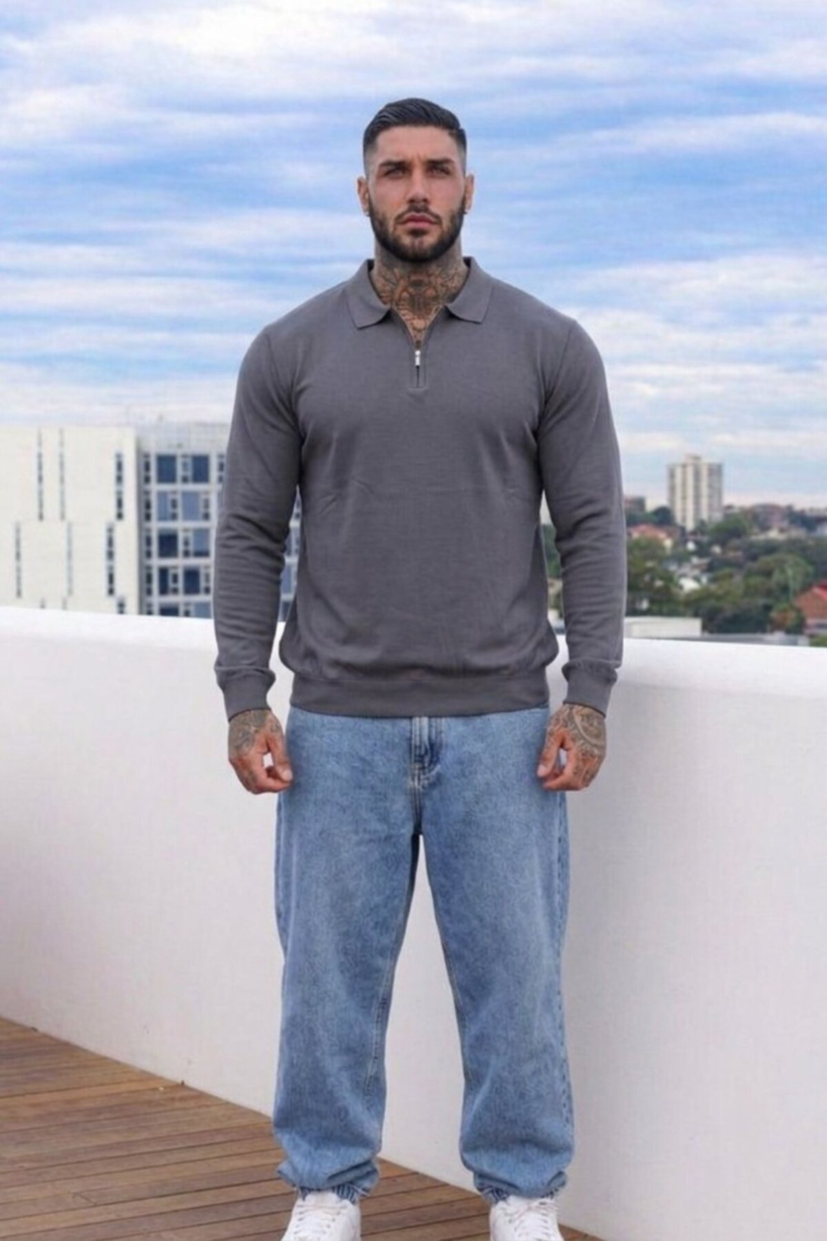 Maccali Erkek Günlük Büyük Beden Casual Füme Sweatshirt görsel 5