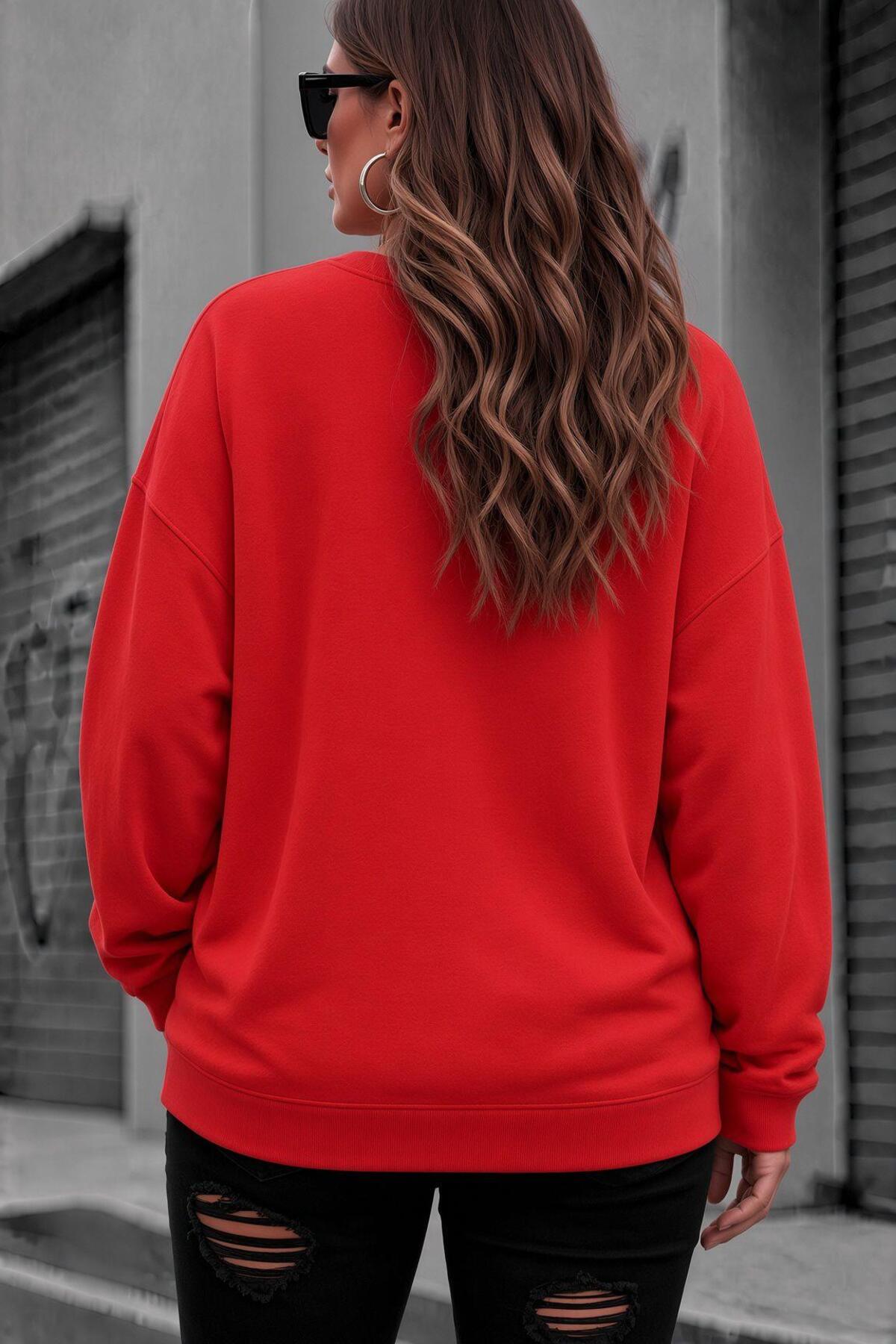 Oksit Uly Kadın Büyük Beden Battal Basic Bisiklet Yaka İki İplik Pamuklu Sweatshirt Rahat Kesim Unisex Sev görsel 2