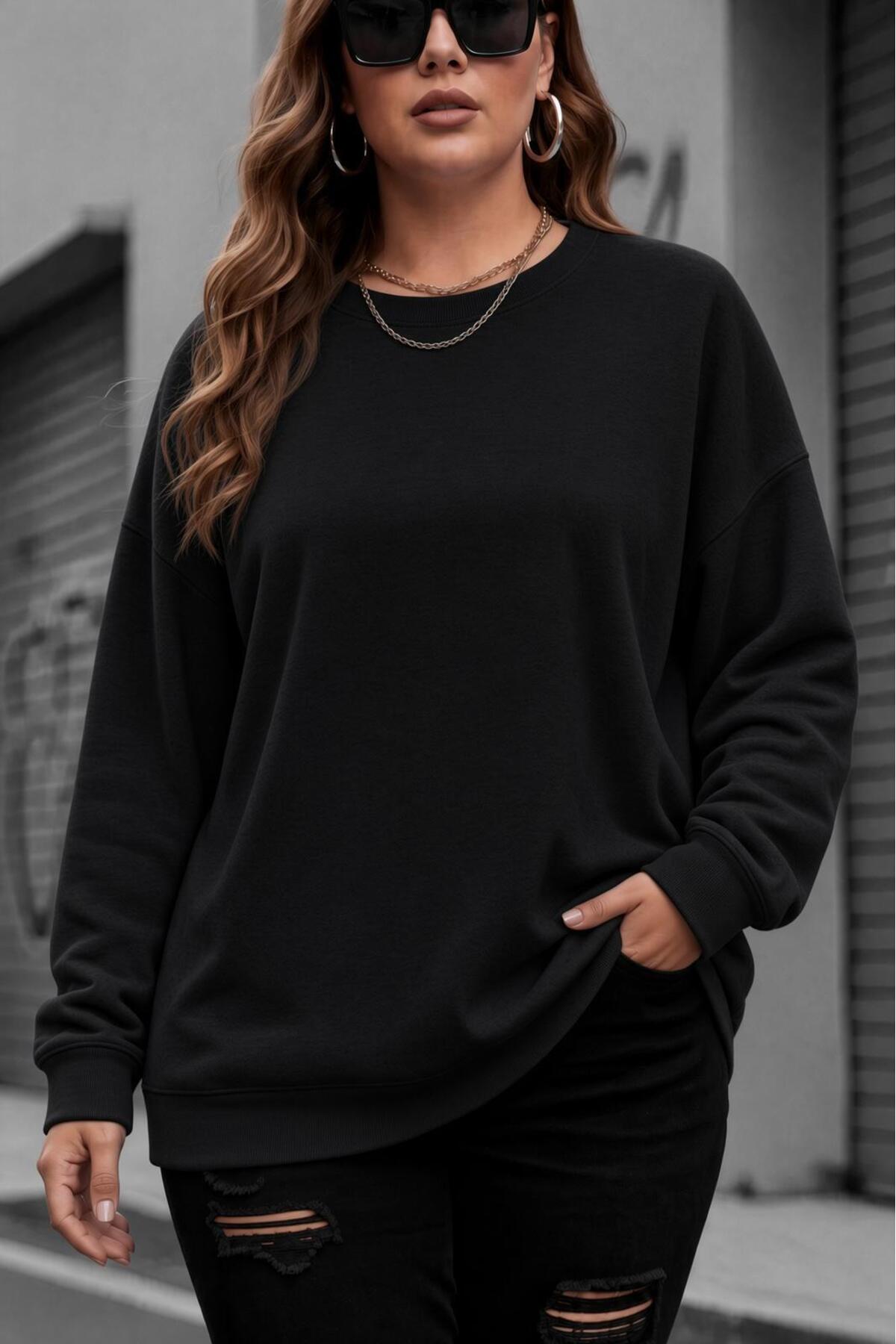 Oksit Uly Kadın Büyük Beden Battal Basic Bisiklet Yaka İki İplik Pamuklu Sweatshirt Rahat Kesim Unisex Sev
