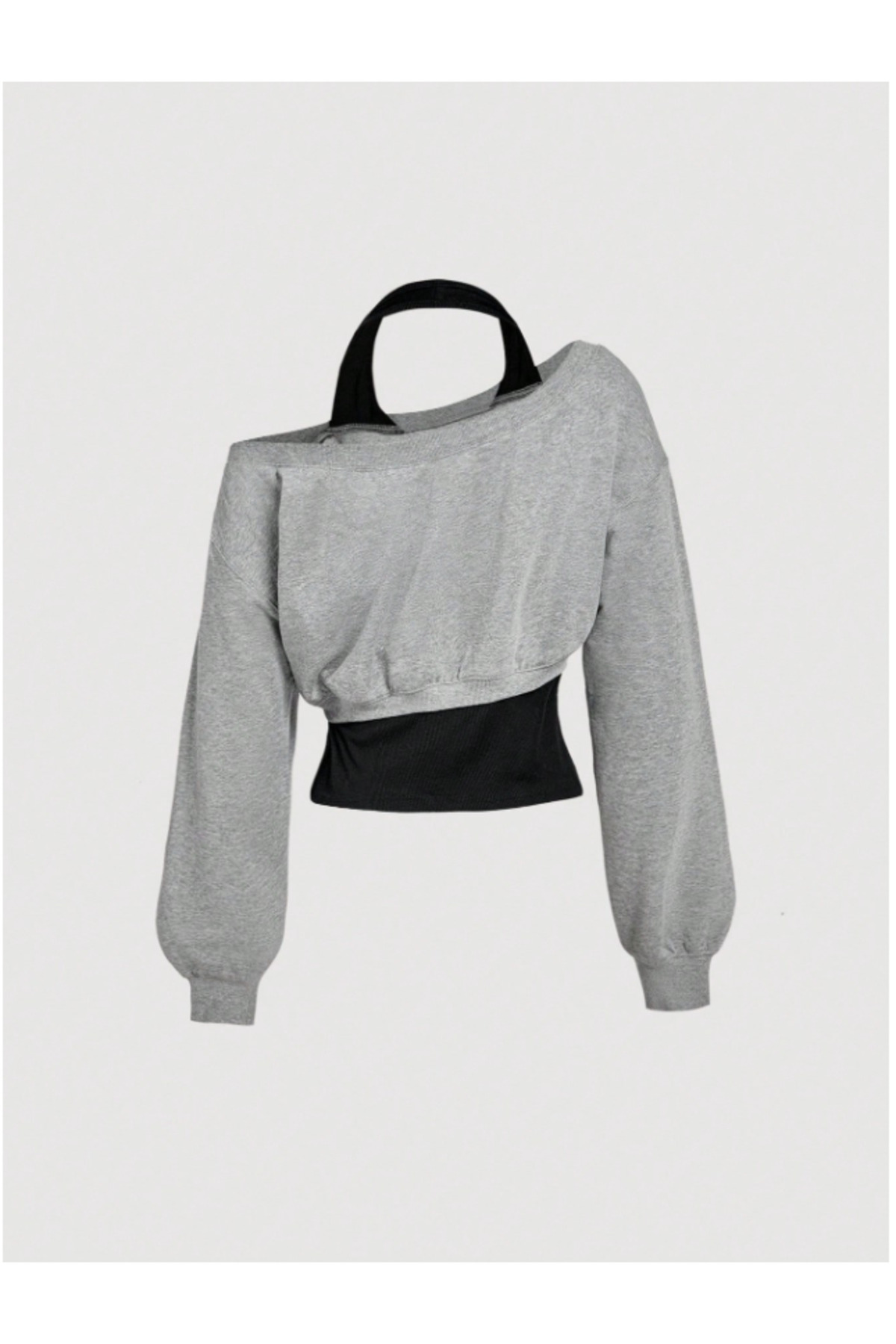 MOONBULL Kadın Asimetrik Kesim 2 si 1 Arada Günlük Pamuklu Crop Sweatshirt görsel 2