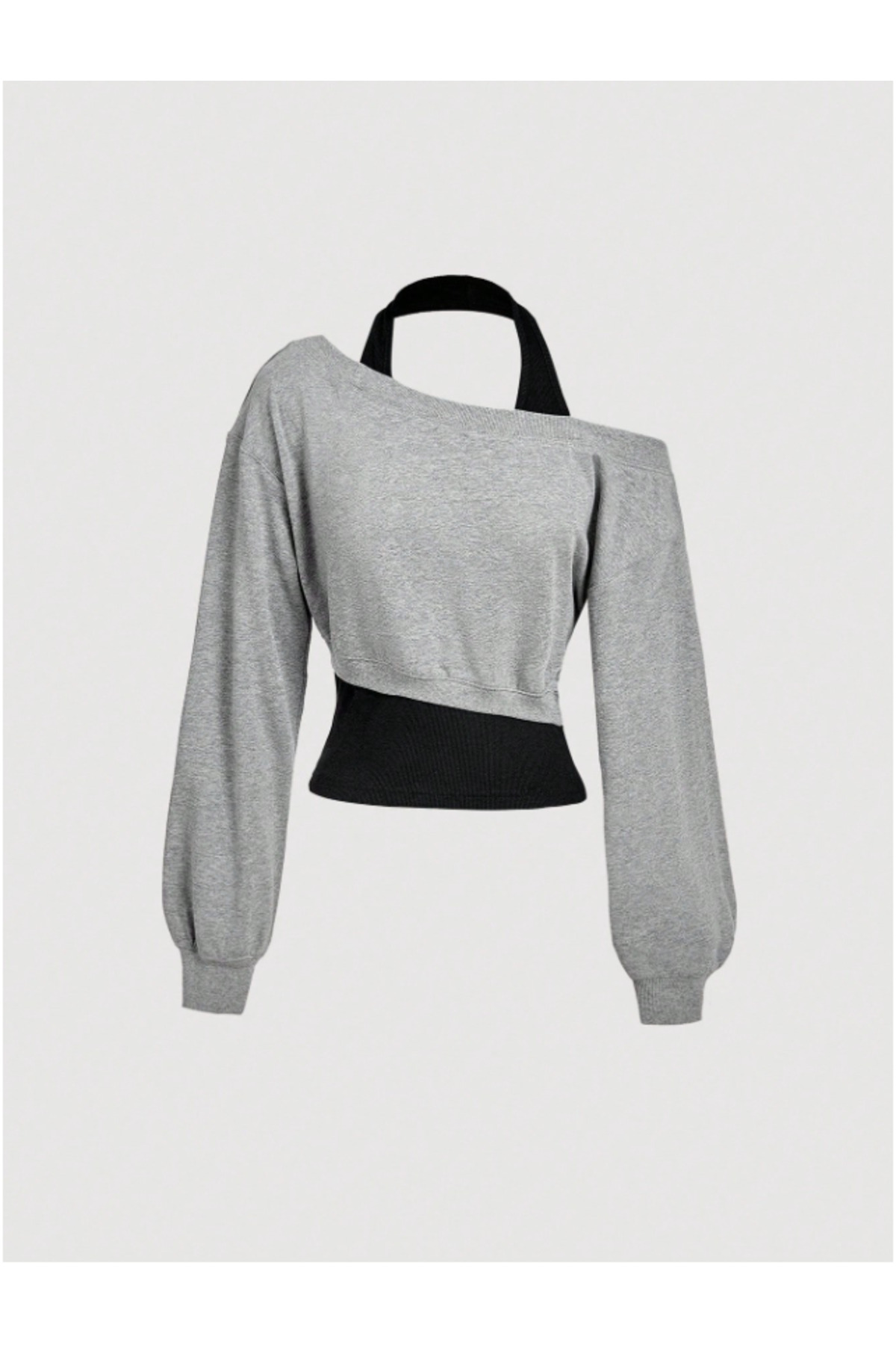 MOONBULL Kadın Asimetrik Kesim 2 si 1 Arada Günlük Pamuklu Crop Sweatshirt
