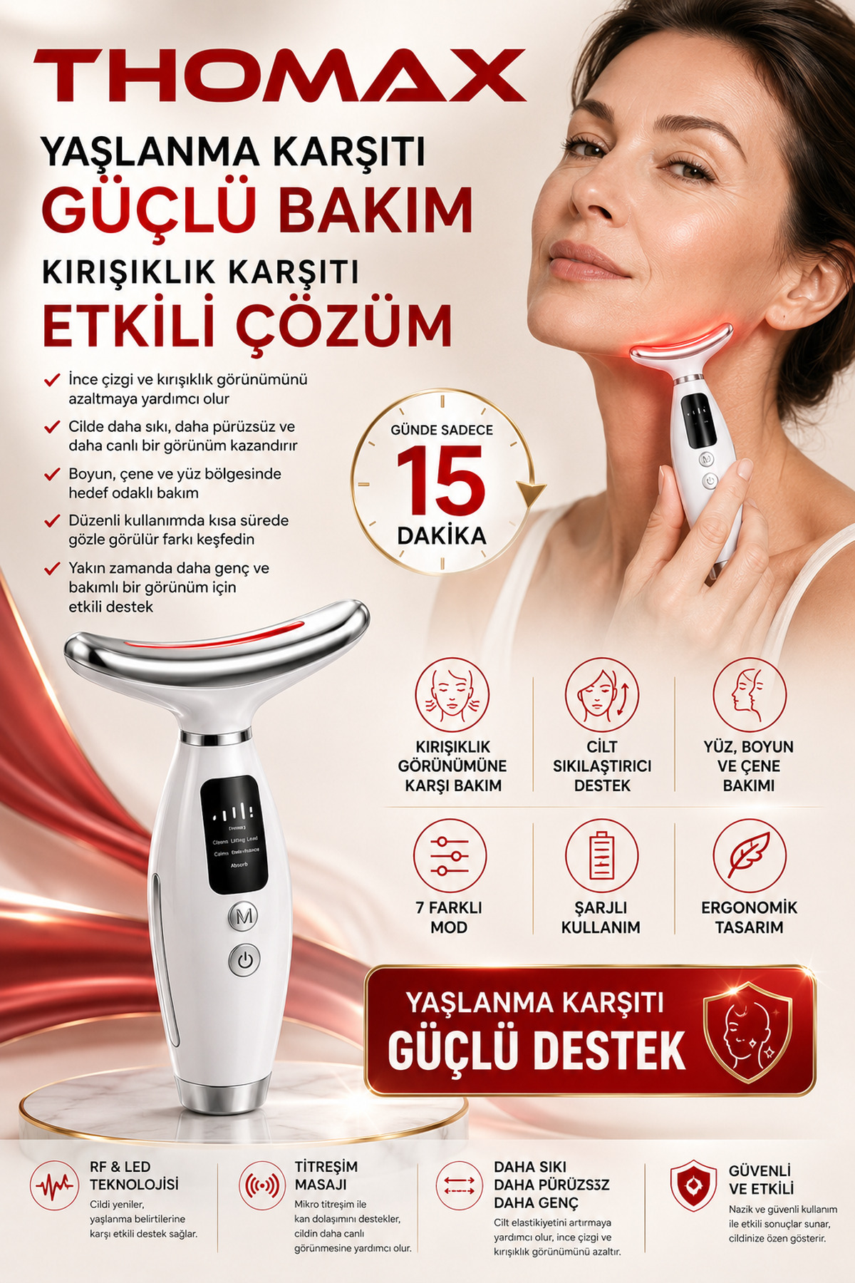 Yüz Boyun ve Çene Ems Güzellik Cihazı Gıdık Sarkma Kırışıklık Bakım Cihazı 7 Mod — سفید T-model-masaj-cihazi — تصویر 3 از 4