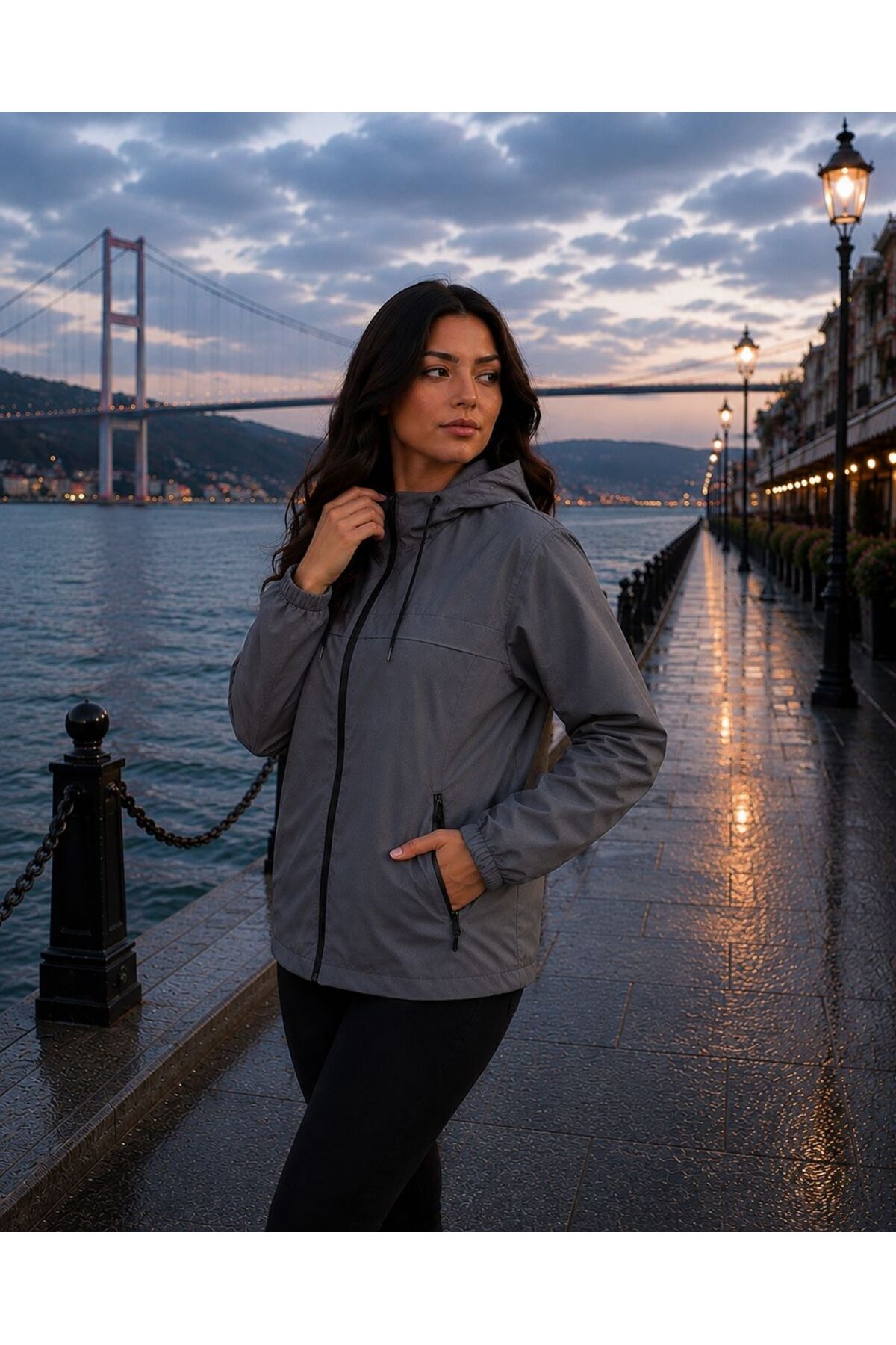Kadın Yağmurluk Su Geçirmez Kapüşonlu Oversize Şık Mevsimlik — خاکستری yenisezonyağmurlukyenikadındüz