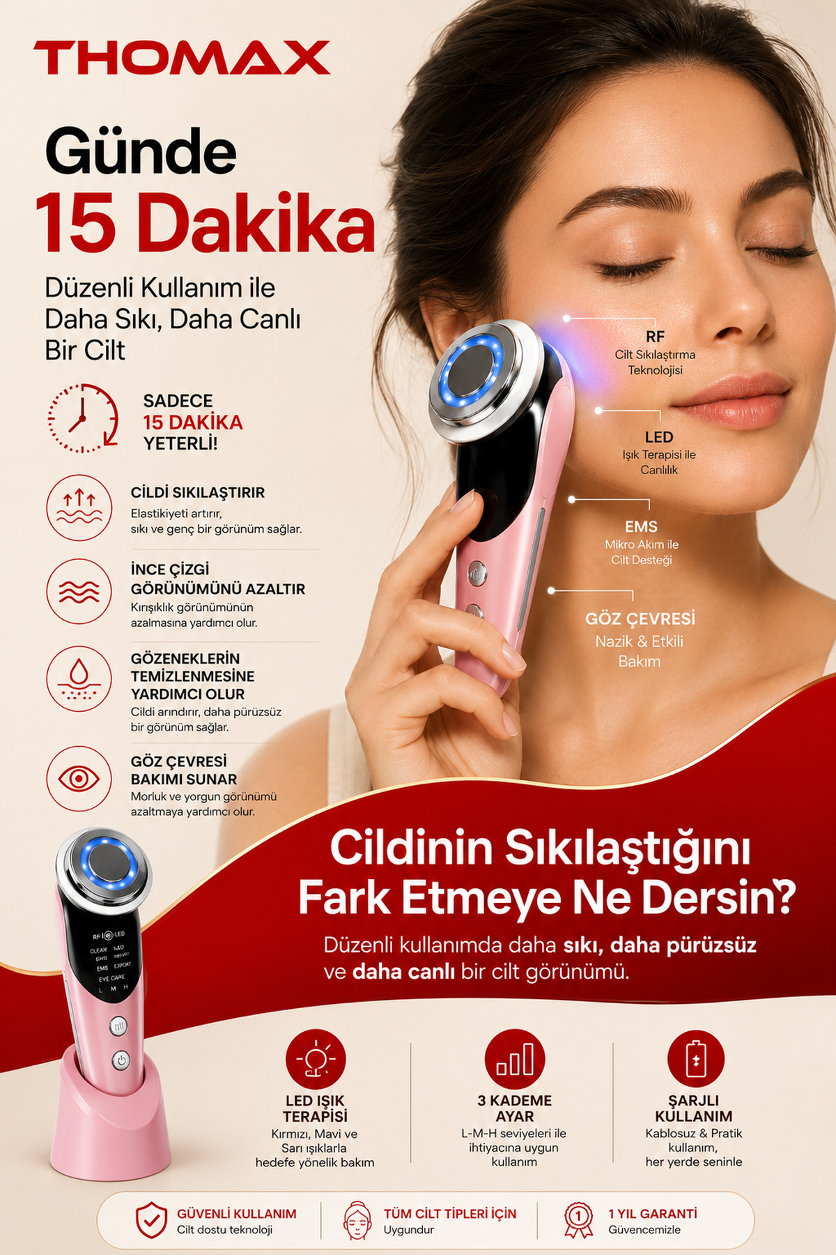 Yüz Sıkılaştırma Cihazı Kırışıklık Leke Giderme Ultrasonik Cilt Temizliği Peeling Cilt Bakım 7 Mod — صورتی oval-baslikli-pempe — تصویر 4 از 4